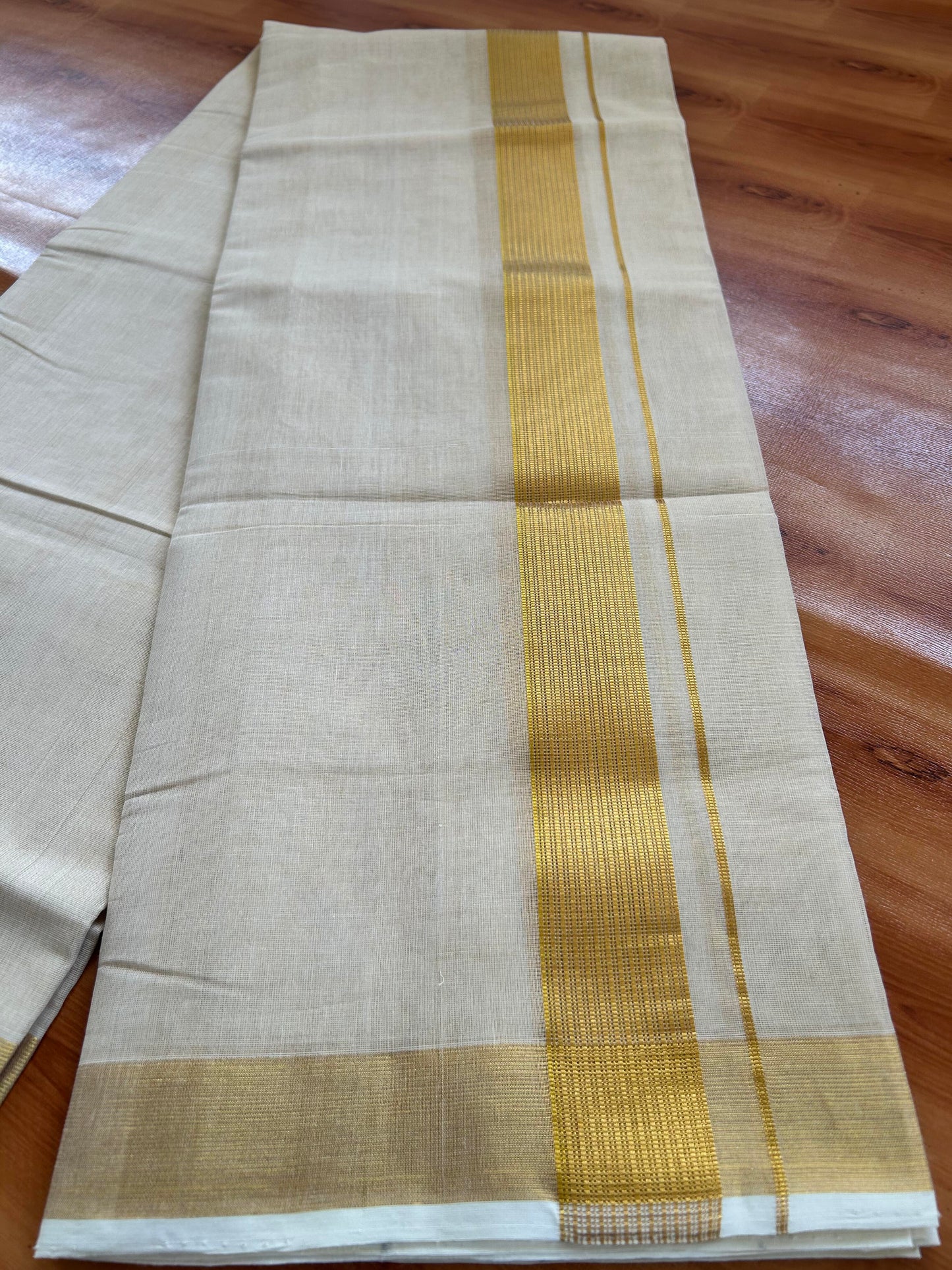Double Off White - (Unbleached) Mundu/Dhoti -25% Discount! KaithariKada Handloom Millpaav Kerala Handloom - Pure Cotton - (80X78) - 1.5 inch Gold Kasav Striped Kara With Tissue Body 3.75 mtr (8 Muzham) - 5 KK5402 CED