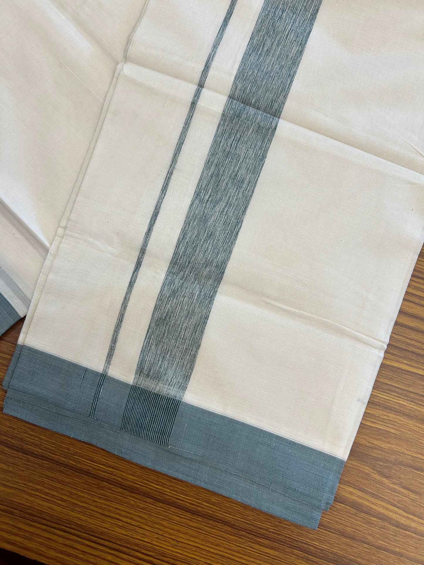 20% Discount ! KaithariKada Balaramapuram 100% Cotton Double Off White (Unbleached) - Mundu / Dhoti- 100x80 - 1.5 inch Dark Green Shaded Kara 4 mtr (8.5 Muzham) - 5 KK5363 VIN
