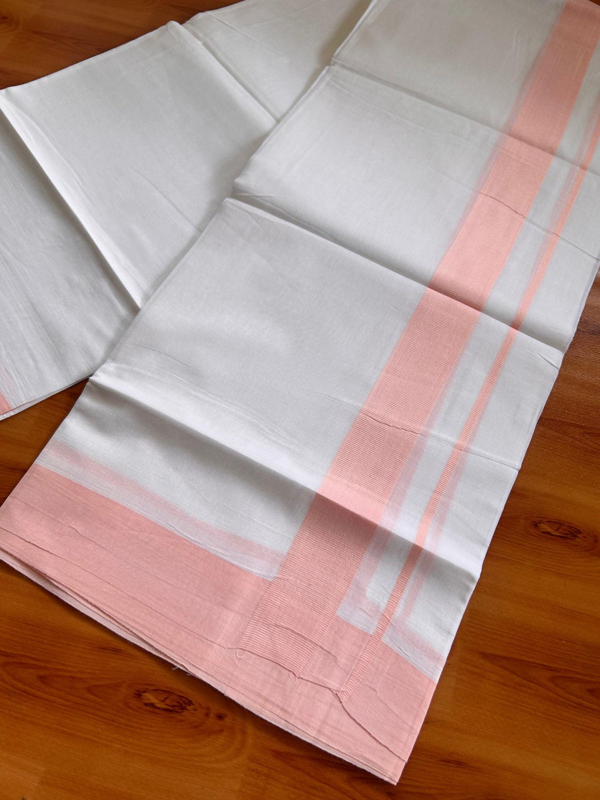 Pure White Double Mundu/Dhoti - 20% Discount ! Kaitharikada Pure Cotton - 100x80 - 1.5 inch Pink Peach Kara 3.80 mtr (8 muzham) - 14 KK5523 MC