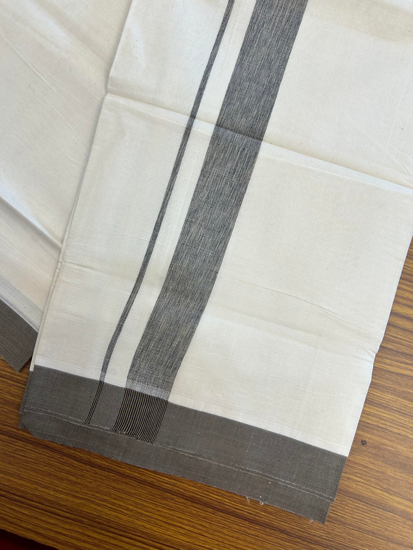 20% Discount ! KaithariKada Balaramapuram 100% Cotton Double Off White (Unbleached) - Mundu / Dhoti- 100x80 - 1.5 inch Brown & Black Shaded Kara 4 mtr (8.5 Muzham) - 6 KK5363 VIN