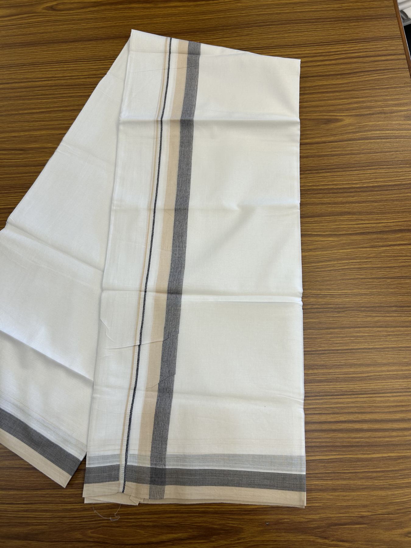 20% Discount! KaithariKada Balaramapuram 100% Cotton Double Pure white Mundu/Dhoti - 100X80 - 1.25 inch Sand Brown & Navy Blue Shaded Stripes kara - 4 mtr ( 8.5 muzham) - 106 KK5341 VIN