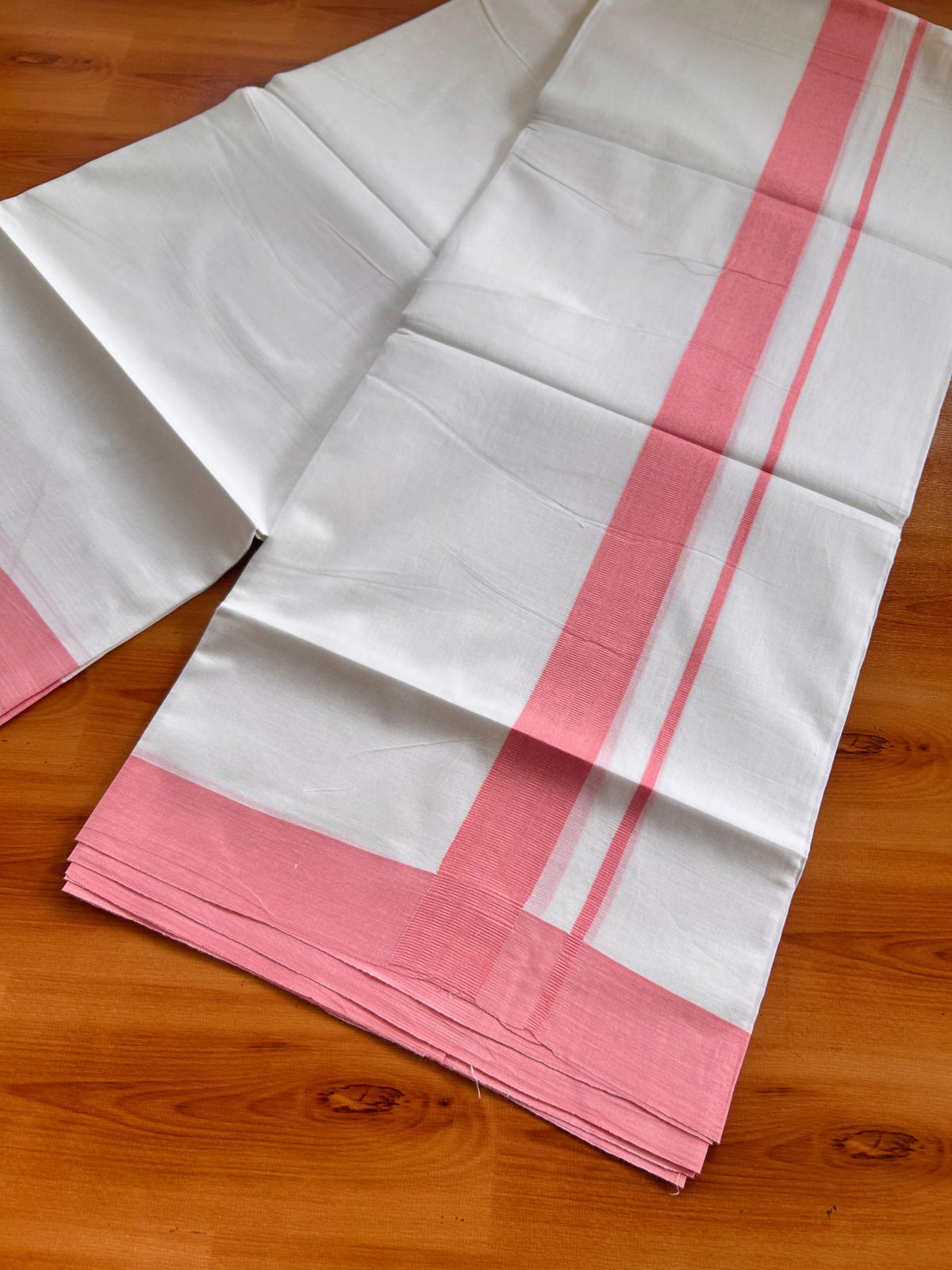 Pure White Double Mundu/Dhoti - 20% Discount ! Kaitharikada Pure Cotton - 100x80 - 1.5 inch pink Kara 3.80 mtr (8 muzham) - 16 KK5523 MC