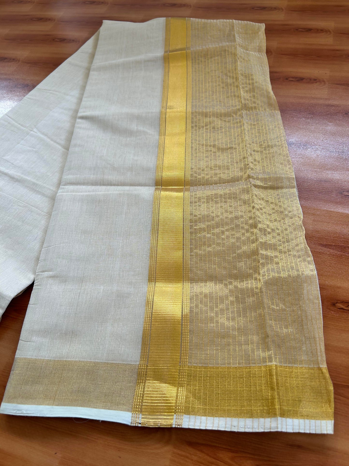 Double Off White - (Unbleached) Mundu/Dhoti -25% Discount! KaithariKada Handloom Millpaav Kerala Handloom - Pure Cotton - (80X78) - 6.5 inch Gold Kasav Tissue Striped Kara With Tissue Body 3.75 mtr (8 Muzham) - 4 KK5402 CED