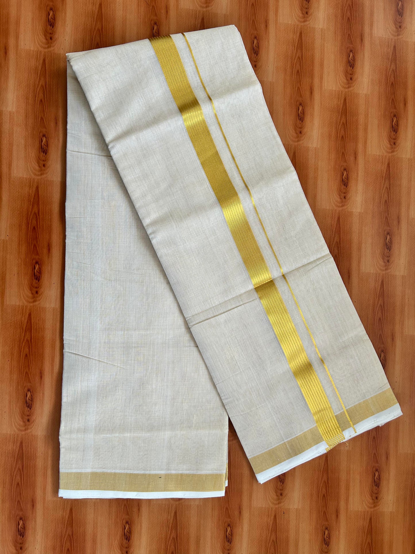 Double Off White - (Unbleached) Mundu/Dhoti -25% Discount! KaithariKada Handloom Millpaav Kerala Handloom - Pure Cotton - (80X78) - 1.5 inch Gold Kasav Striped Kara With Tissue Body 3.75 mtr (8 Muzham) - 9 KK5402 CED