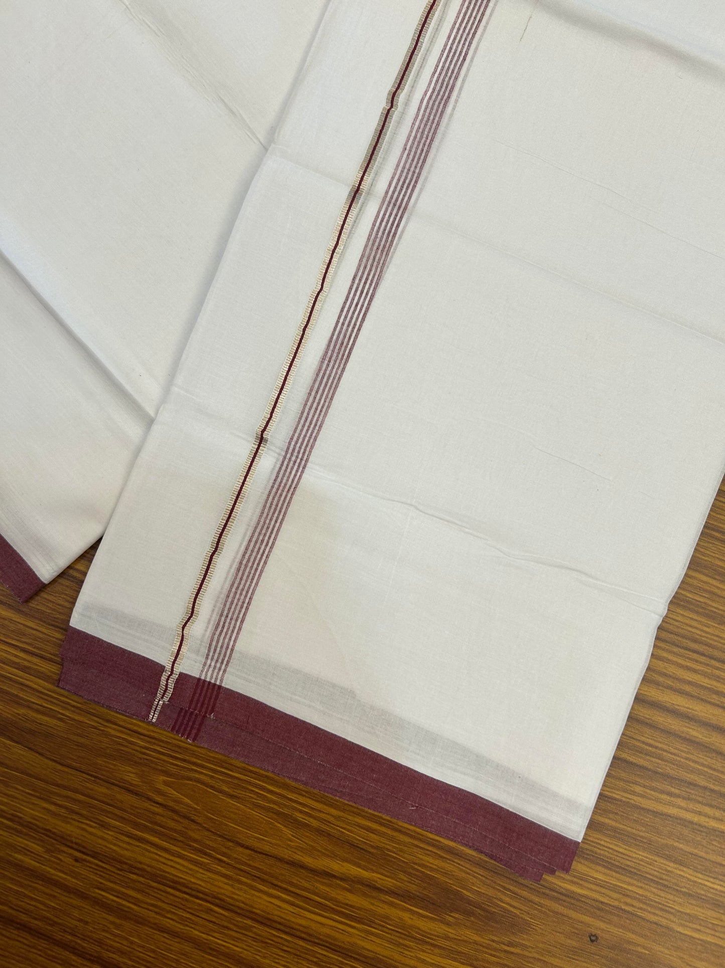 20% Discount ! KaithariKada Balaramapuram 100% Cotton Pure white Double Mundu/Dhoti - 100x80 - 0.5 inch Silver Kasav & Maroon shaded striped Kara Between 3.78 - 3.90 m (8 muzham) - 99 KK5363 VIN
