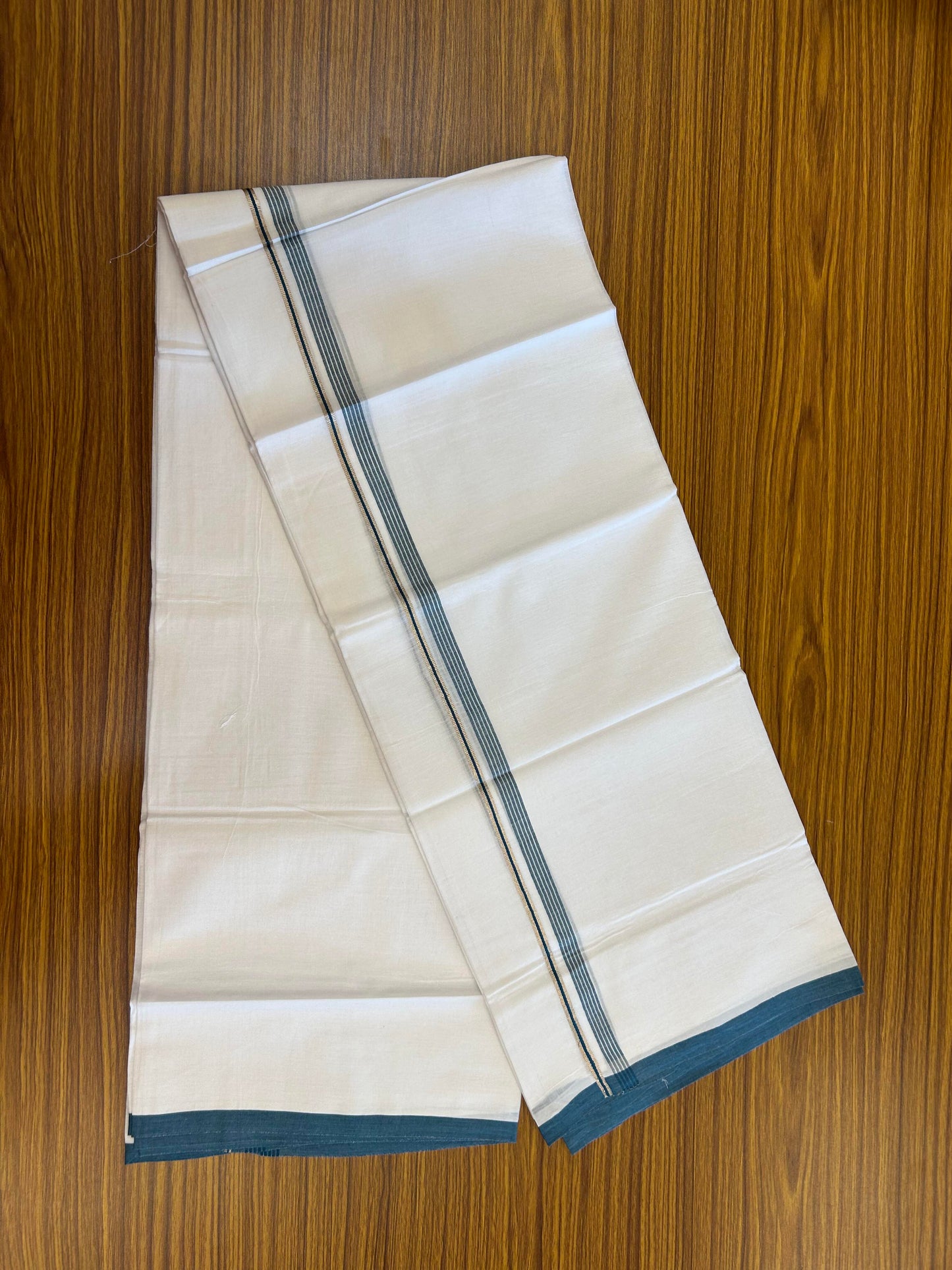 20% Discount ! KaithariKada Balaramapuram 100% Cotton Pure white Double Mundu/Dhoti - 100x80 - 0.5 inch Silver Kasav & Peacock Blue striped Kara Between 3.78 - 3.90 m (8 muzham) - 95 KK5363 VIN