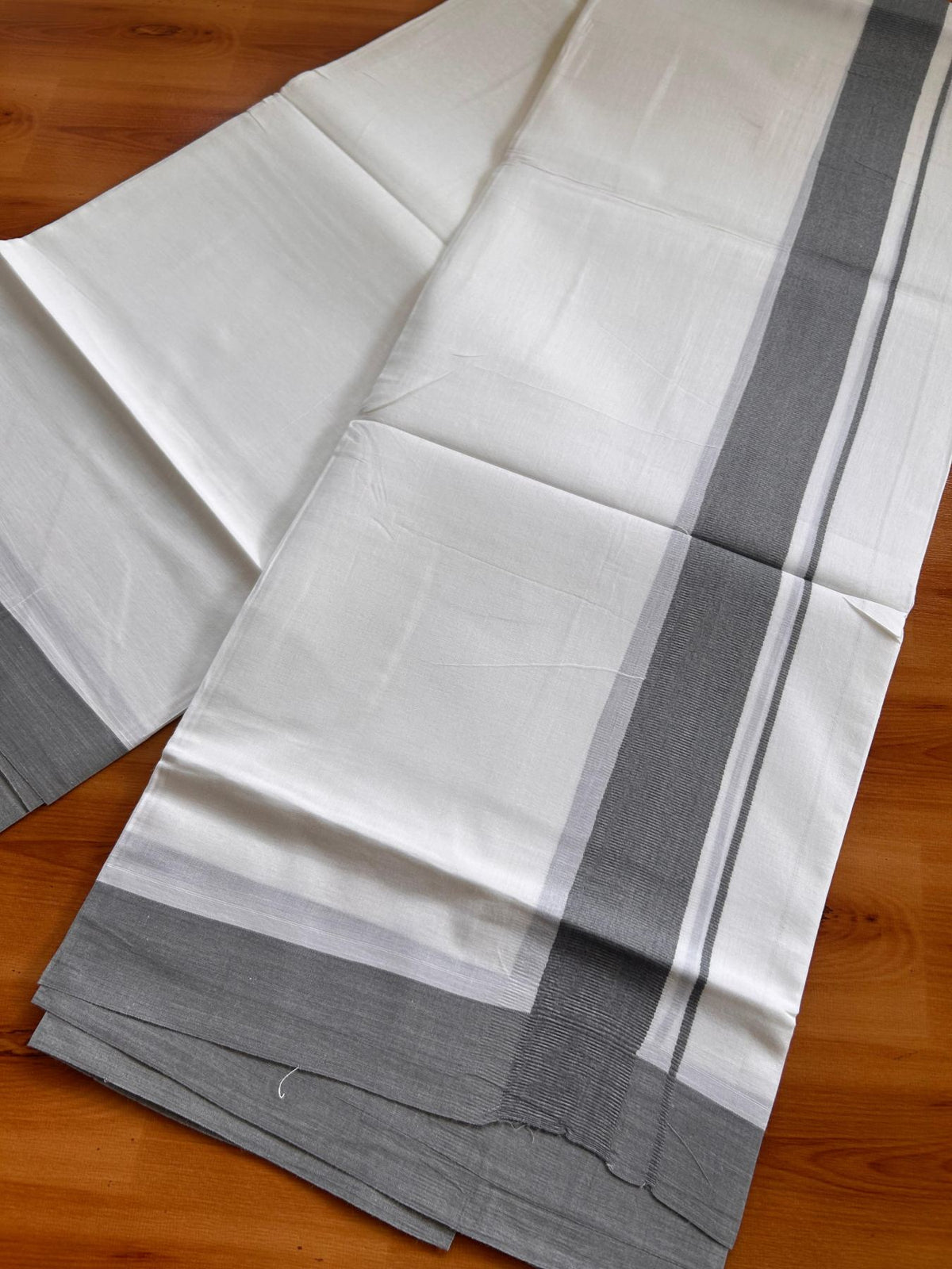 Pure White Double Mundu/Dhoti - 20% Discount ! Kaitharikada Pure Cotton - 100x80 - 1.5 inch Ash Grey Kara 3.80 mtr (8 muzham) - 22 KK5523 MC