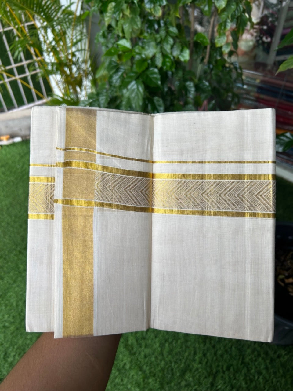 20% DISCOUNT! KaithariKada Balaramapuram 100% Pure Cotton off white - (Unbleached) Double Mundu/Dhoti - 100X80 - 2 inch Gold kasavu Jacquard Design kara - 17KK5186CKS