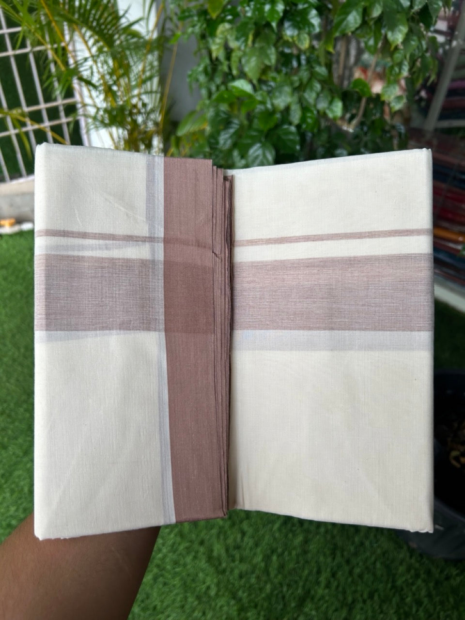20% Discount ! Kaitharikada Balaramapuram 100% Cotton Double Off white (Unbleached) Mundu/Dhoti - 100x80 - 1.75 inch Sand Brown shaded Kara - 3KK5186CKS