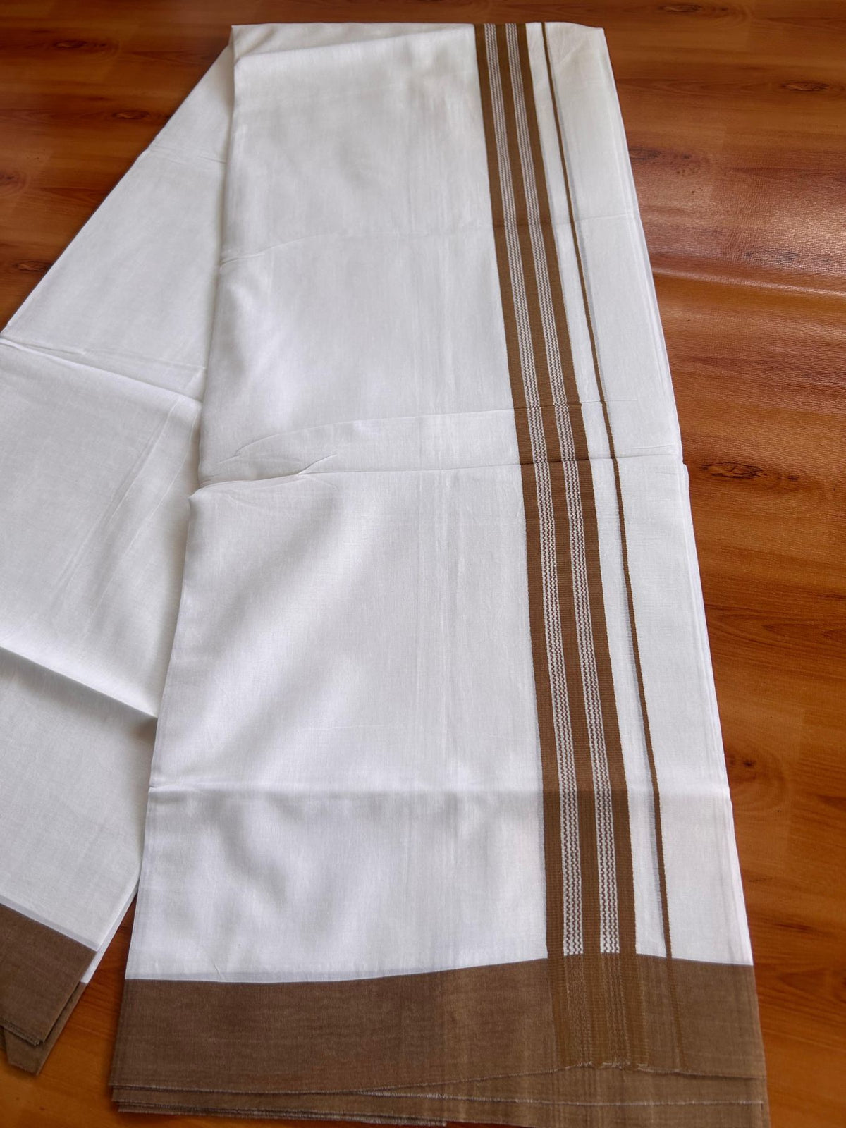 Pure White Double Mundu/Dhoti - 20% Discount ! Kaitharikada Pure Cotton - 100x80 - 1.25 inch Olive Brown striped Kara 3.80 mtr (8 muzham) - 32 KK5523 MC