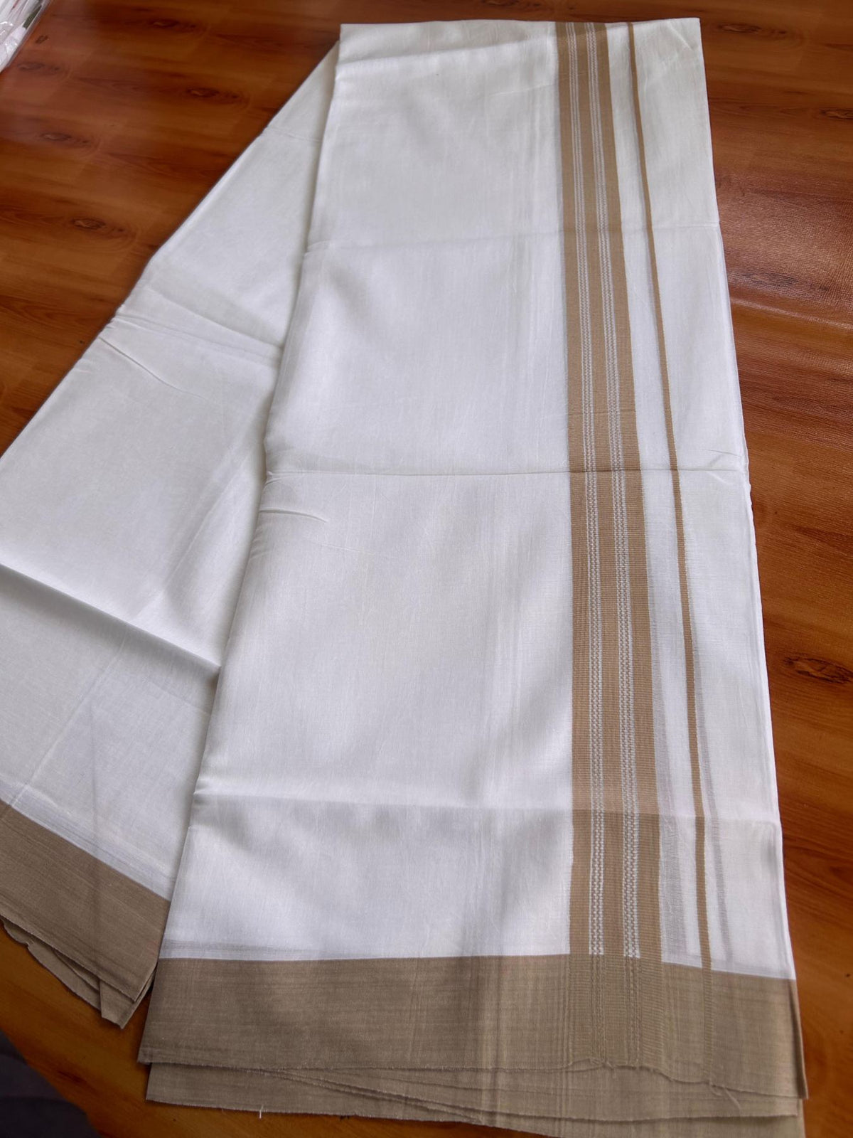 Pure White Double Mundu/Dhoti - 20% Discount ! Kaitharikada Pure Cotton - 100x80 - 1.25 inch sand Brown striped Kara 3.80 mtr (8 muzham) - 33 KK5523 MC