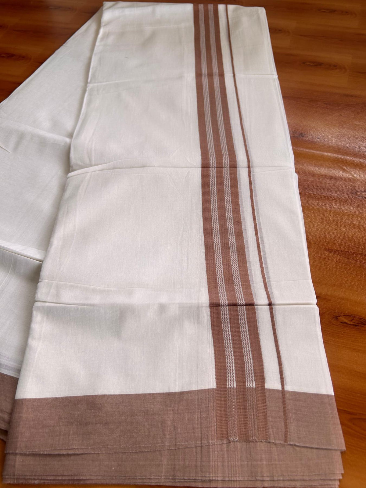 Pure White Double Mundu/Dhoti - 20% Discount ! Kaitharikada Pure Cotton - 100x80 - 1.25 inch Peach Brown striped Kara 3.80 mtr (8 muzham) - 35 KK5523 MC