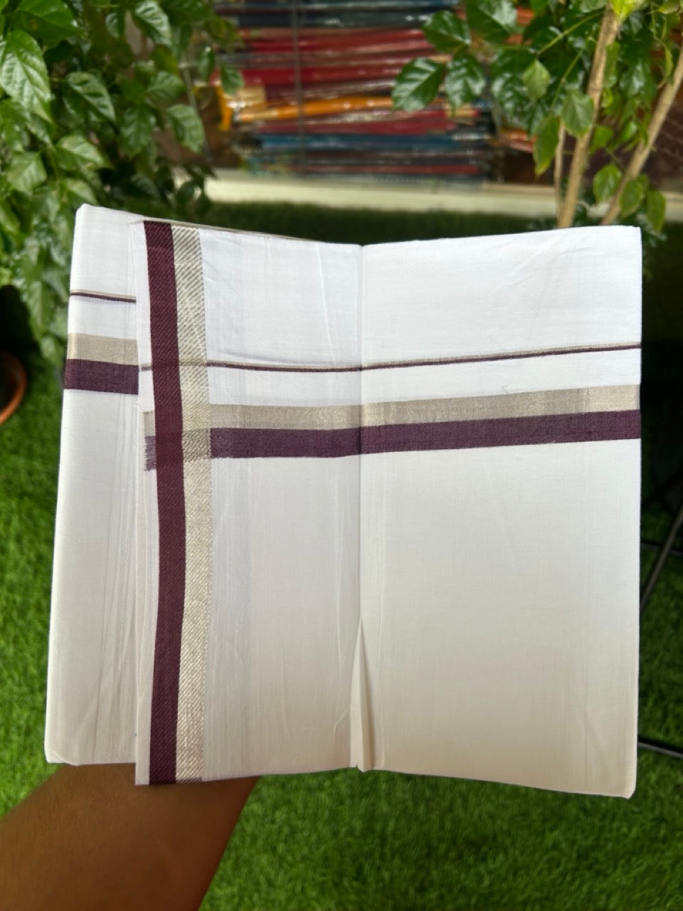 20% Discount !! Kaitharikada Balaramapuram 100% Cotton PURE WHITE Double Mundu/Dothi - 100x100 - 1 inch Silver Kasavu & Grape Wine Kara - 11KK5191CKS