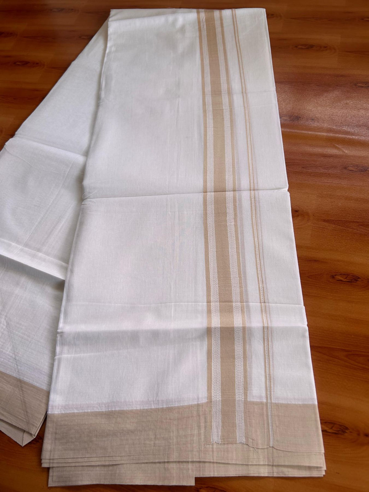Pure White Double Mundu/Dhoti - 20% Discount ! Kaitharikada Pure Cotton - 100x80 - 1.25 inch Light Beige Brown striped Kara 3.80 mtr (8 muzham) - 34 KK5523 MC