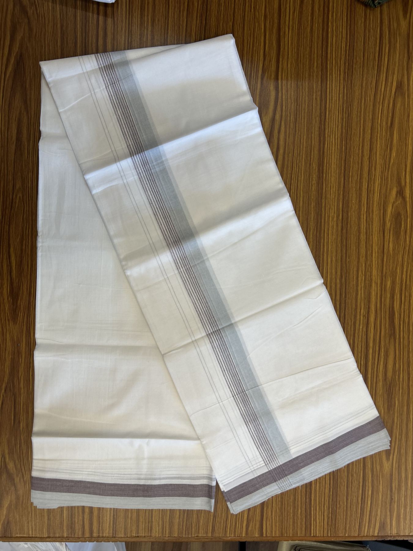 20% Discount! KaithariKada Balaramapuram 100% Cotton Double Pure white Mundu/Dhoti- 100X80 - 1.5 inch Ash & Brown kara - 4 mtr ( 8.5 muzham) - 11 KK5341 VIN