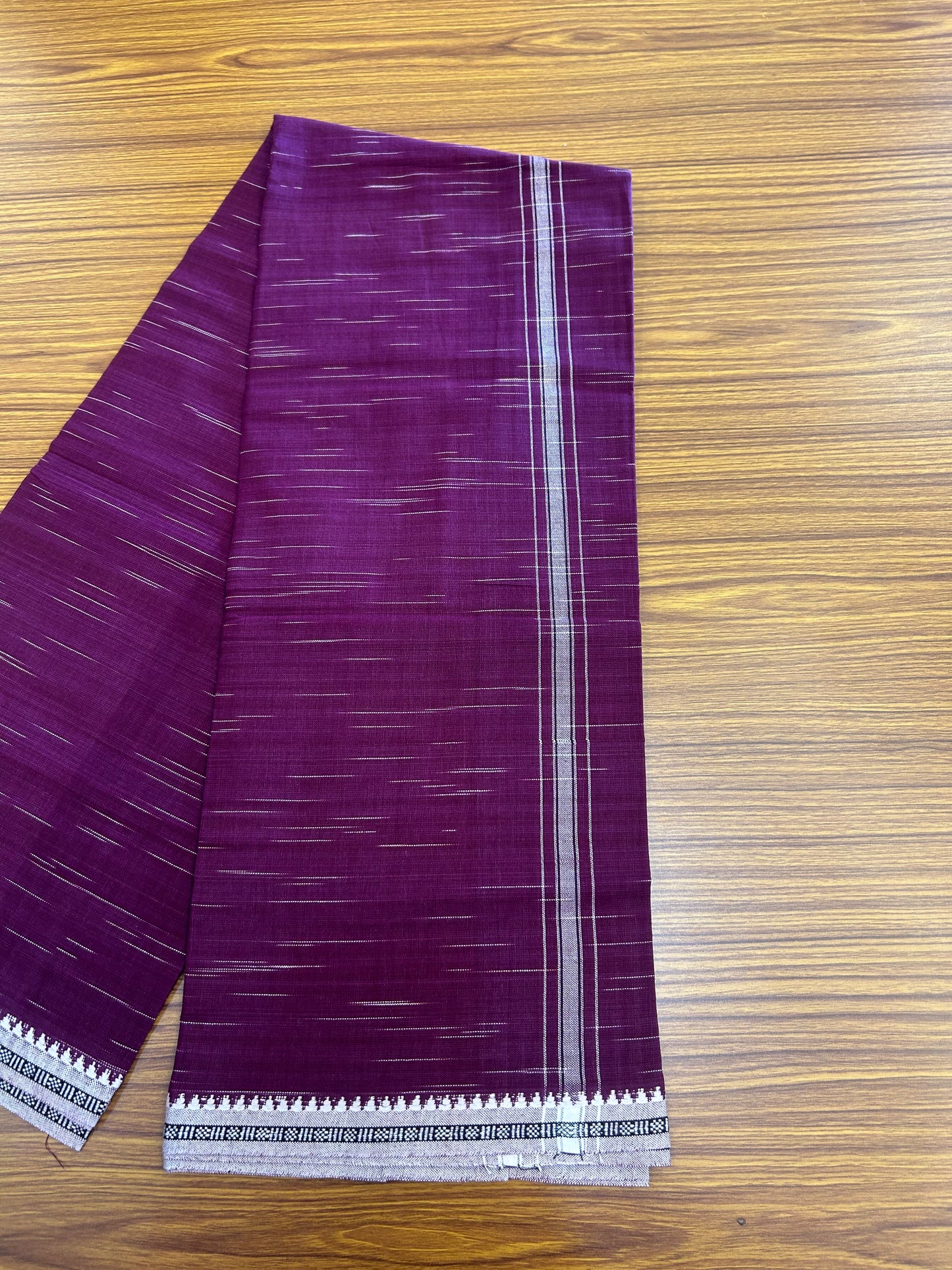 Premium Kathar Type Mund Pure cotton - Kaitharikada - Single Kaily / Lungi - 1 inch Black & White Stripes Kara kuppadam Border with Purple Wine colour body (2 meter / 4 muzham) - 21 KK8050 MUT