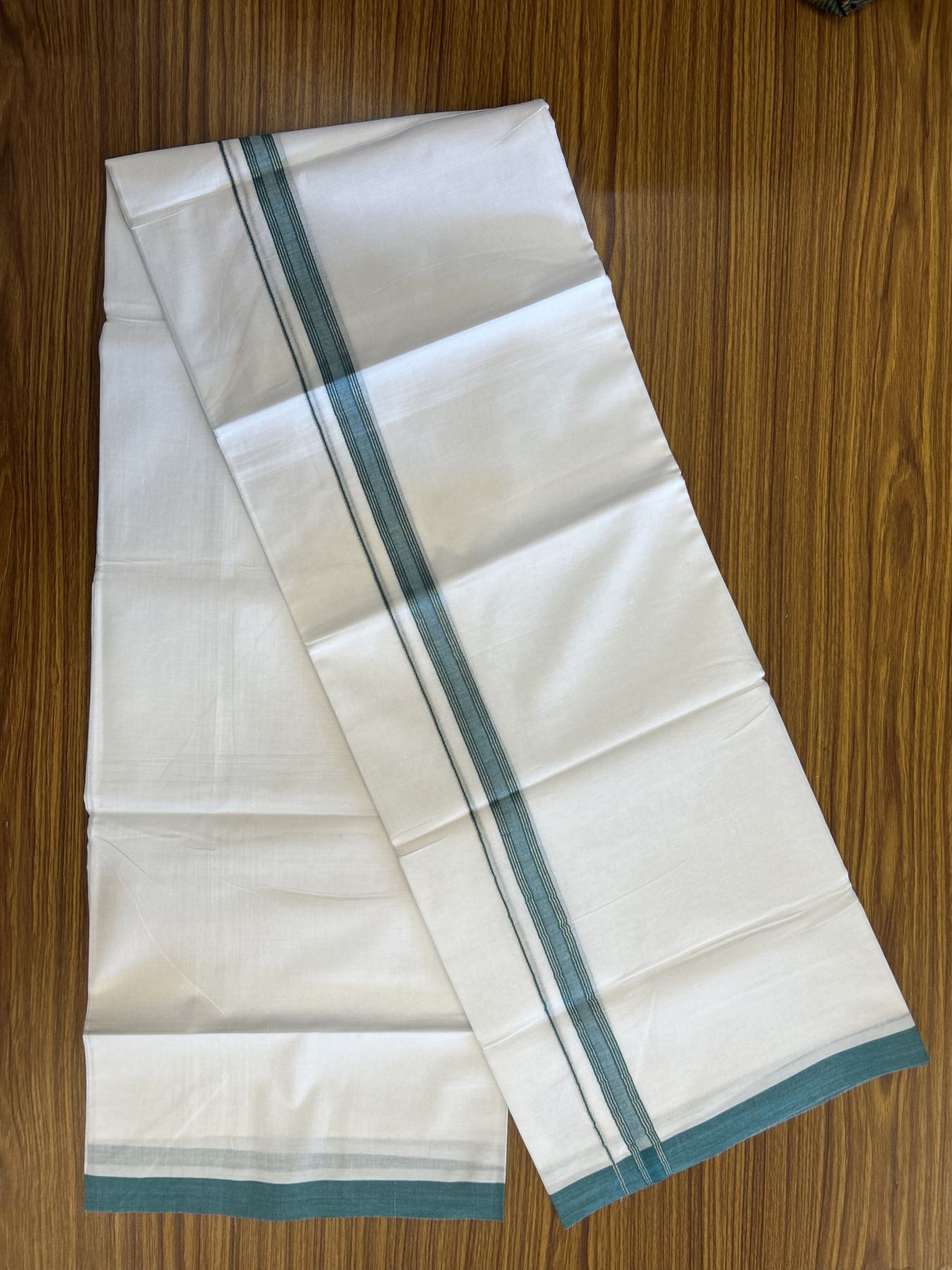20% Discount! KaithariKada Balaramapuram 100% Cotton Double Pure white Mundu/Dhoti- 100X80 - 0.75 inch Silver Kasav & Green Teal Striped kara - 4 mtr ( 8.5 muzham) - 18 KK5341 VIN
