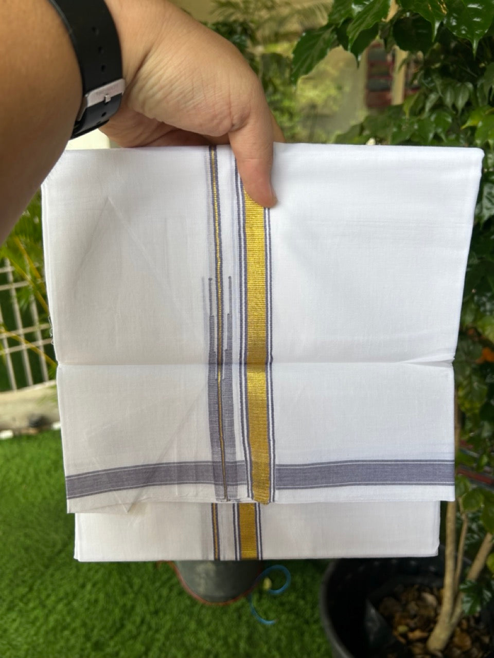 20% DISCOUNT!! KaithariKada Balaramapuram 100% Cotton PURE WHITE Double Mundu/Dhoti-100x80 - 0.75 inch Ash blue Kasav Chutty Kara - 17KK5191CKS