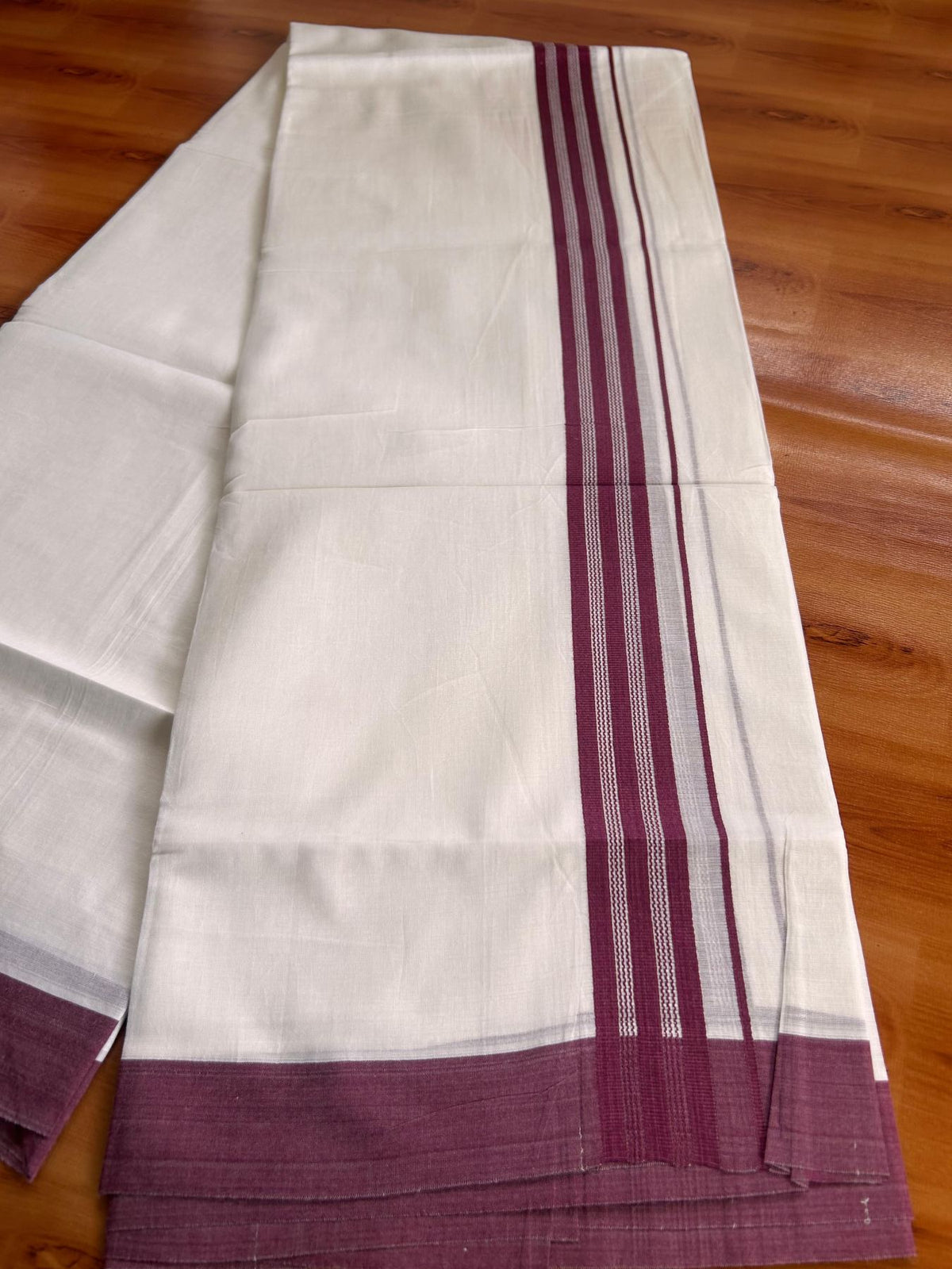 Pure White Double Mundu/Dhoti - 20% Discount ! Kaitharikada Pure Cotton - 100x80 - 1.25 inch Purple Wine striped Kara 3.80 mtr (8 muzham) - 40 KK5523 MC