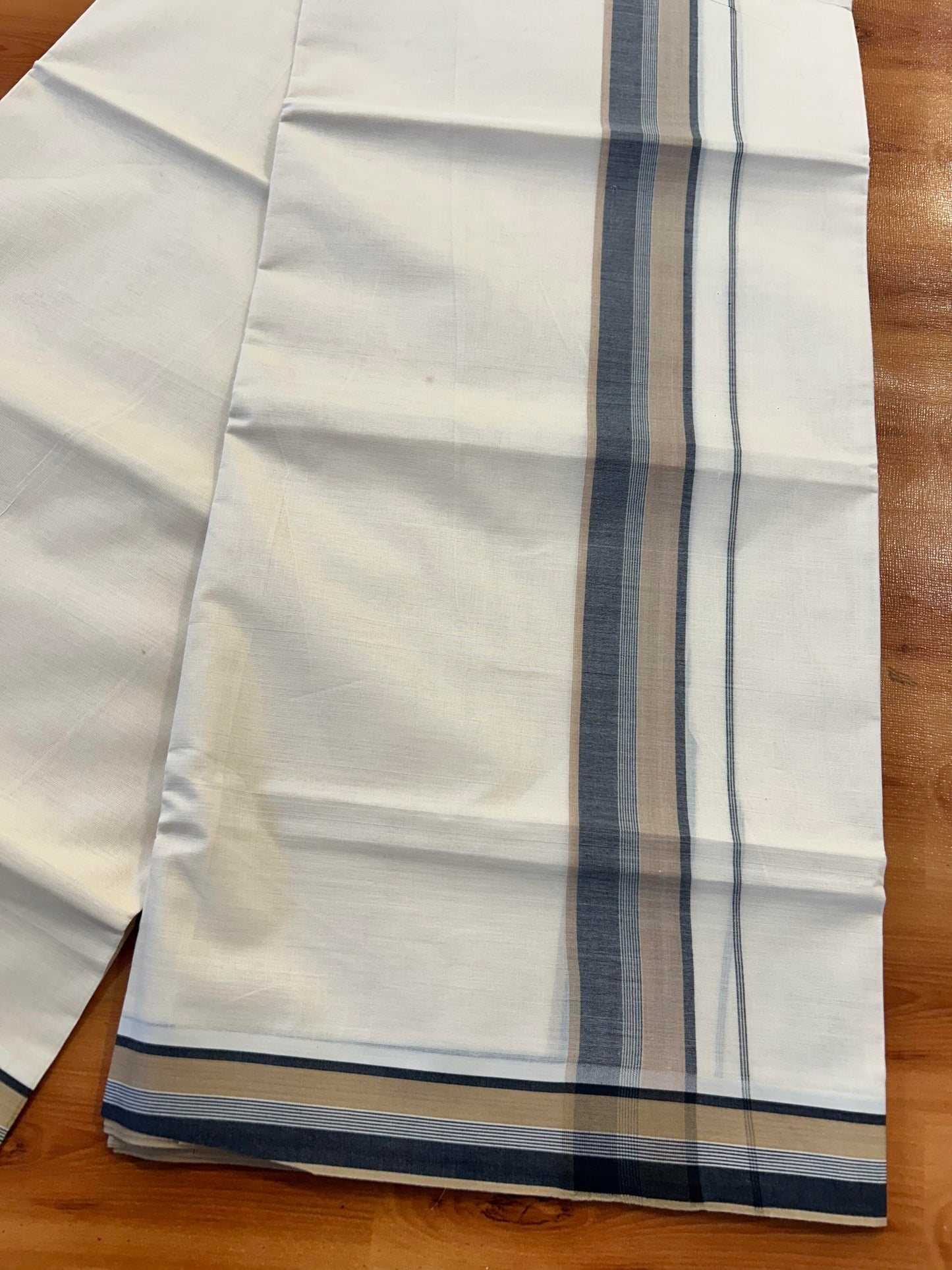 Double Off White (Unbleached) Mundu/Dhoti - 20% Discount! KaithariKada Pure Cotton - 100X80 - 1.75 inch Peach & Black Shaded Striped Kara 4 mtr (8.5 Muzham) - 87 KK5452 THI