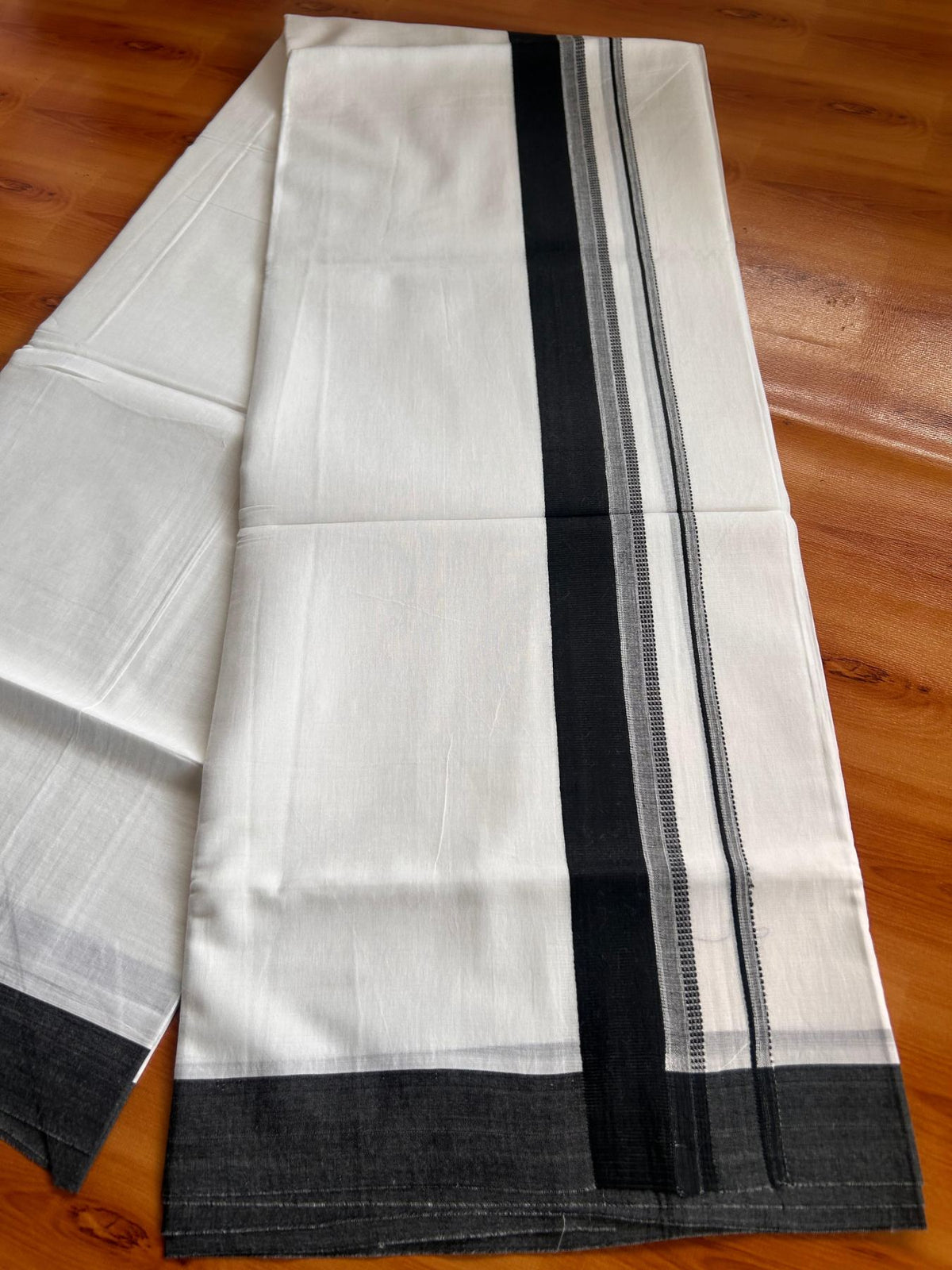 Pure White Double Mundu/Dhoti - 20% Discount ! Kaitharikada Pure Cotton - 100x80 - 1.25 inch Black striped Kara 3.80 mtr (8 muzham) - 46 KK5523 MC