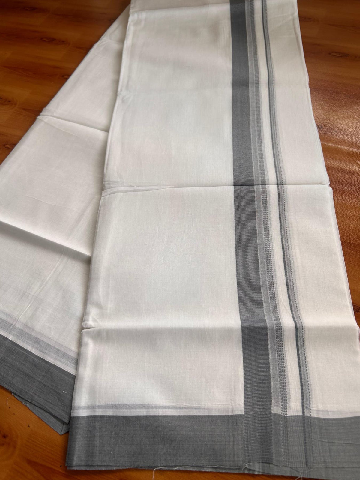 Pure White Double Mundu/Dhoti - 20% Discount ! Kaitharikada Pure Cotton - 100x80 - 1.25 inch Light Blue Grey striped Kara 3.80 mtr (8 muzham) - 49 KK5523 MC
