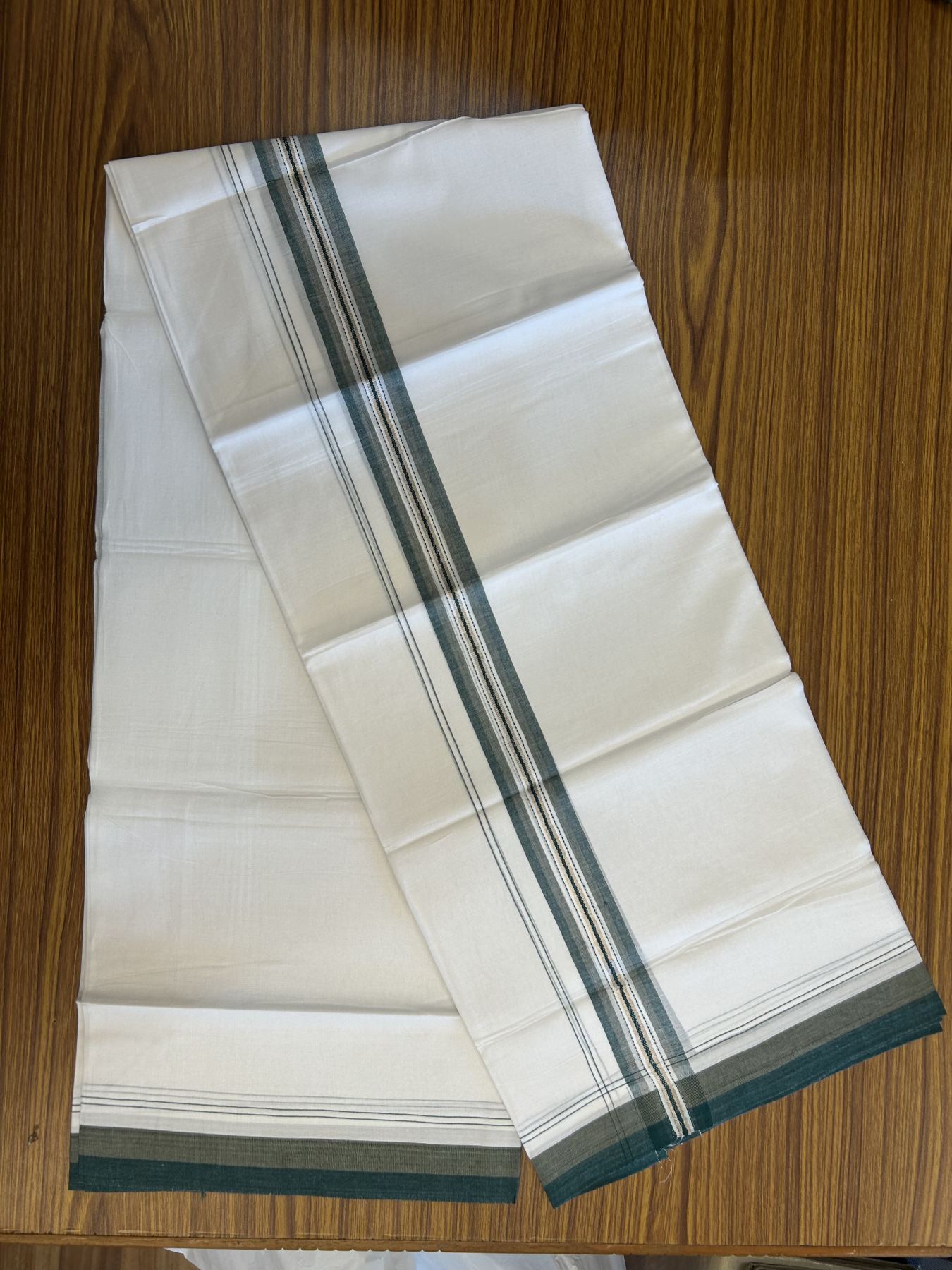 20% Discount! KaithariKada Balaramapuram 100% Cotton Double Pure white Mundu/Dhoti - 100X80 - 1.5 inch Silver Kasav Bottle green & Light Green shaded Stripes kara - 4 mtr ( 8.5 muzham) - 127 KK5341 VIN
