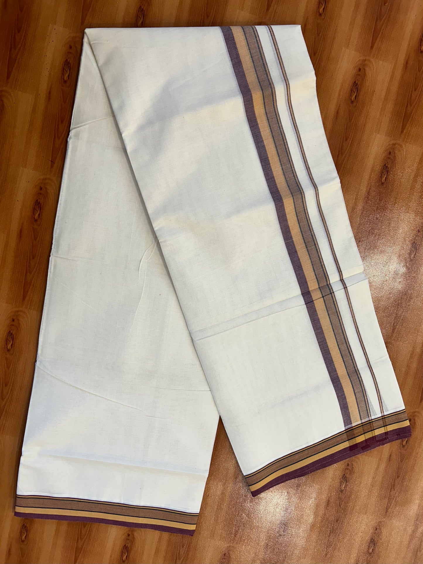 Double Off White (Unbleached) Mundu/Dhoti - 20% Discount! KaithariKada Pure Cotton - 100X80 - 1.75 inch Yellow, Black & Maroon Shaded Striped Kara 4 mtr (8.5 Muzham) - 88 KK5452 THI