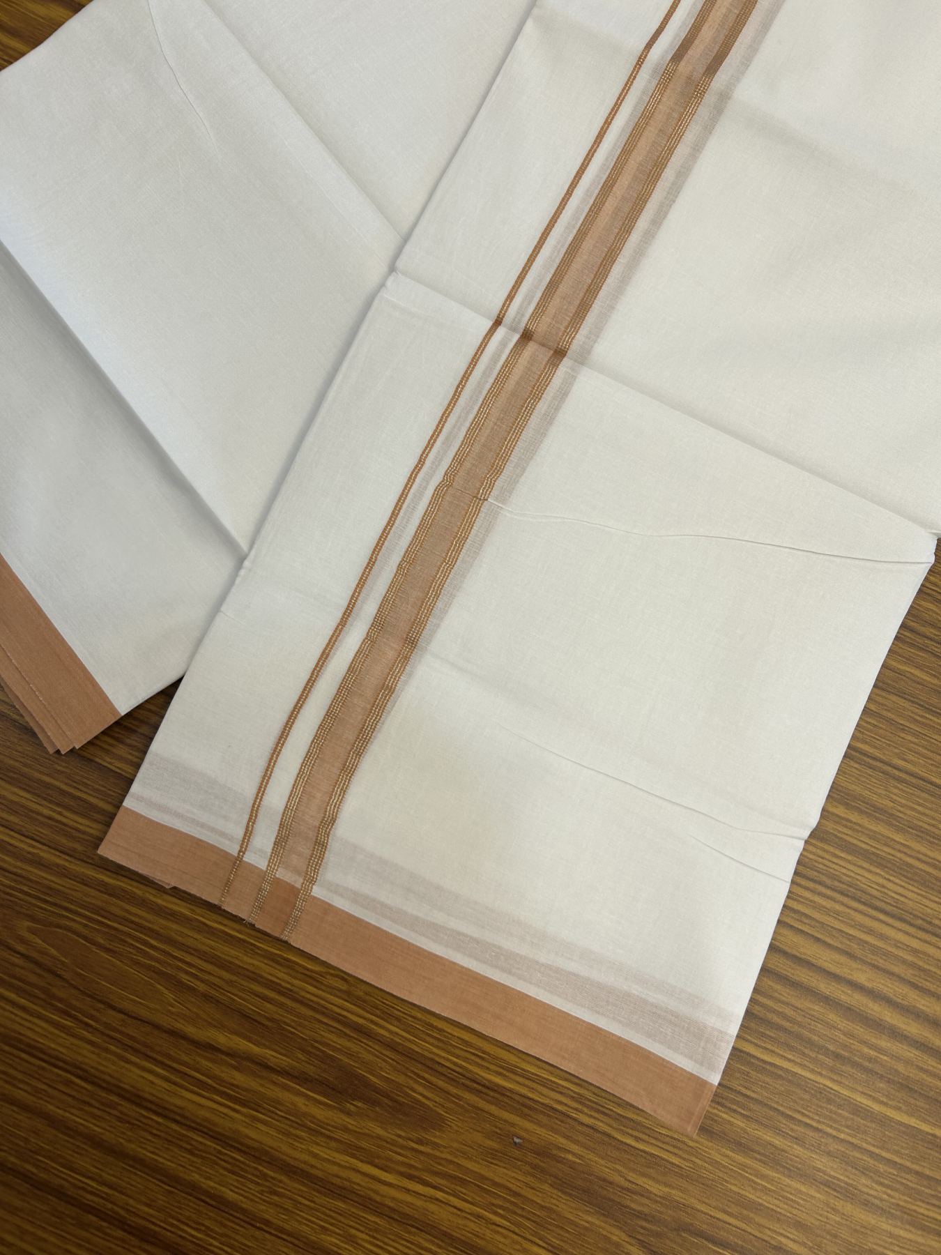 20% Discount! KaithariKada Balaramapuram 100% Cotton Double Pure white Mundu/Dhoti- 100X80 - 0.75 inch Silver Kasav & Peach Orange Striped kara - 4 mtr ( 8.5 muzham) - 17 KK5341 VIN