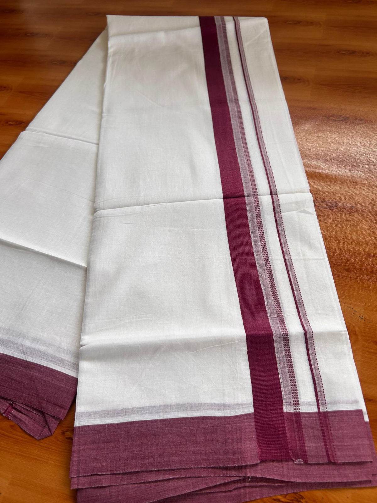 Pure White Double Mundu/Dhoti - 20% Discount ! Kaitharikada Pure Cotton - 100x80 - 1.25 inch Wine Purple striped Kara 3.80 mtr (8 muzham) - 57 KK5523 MC