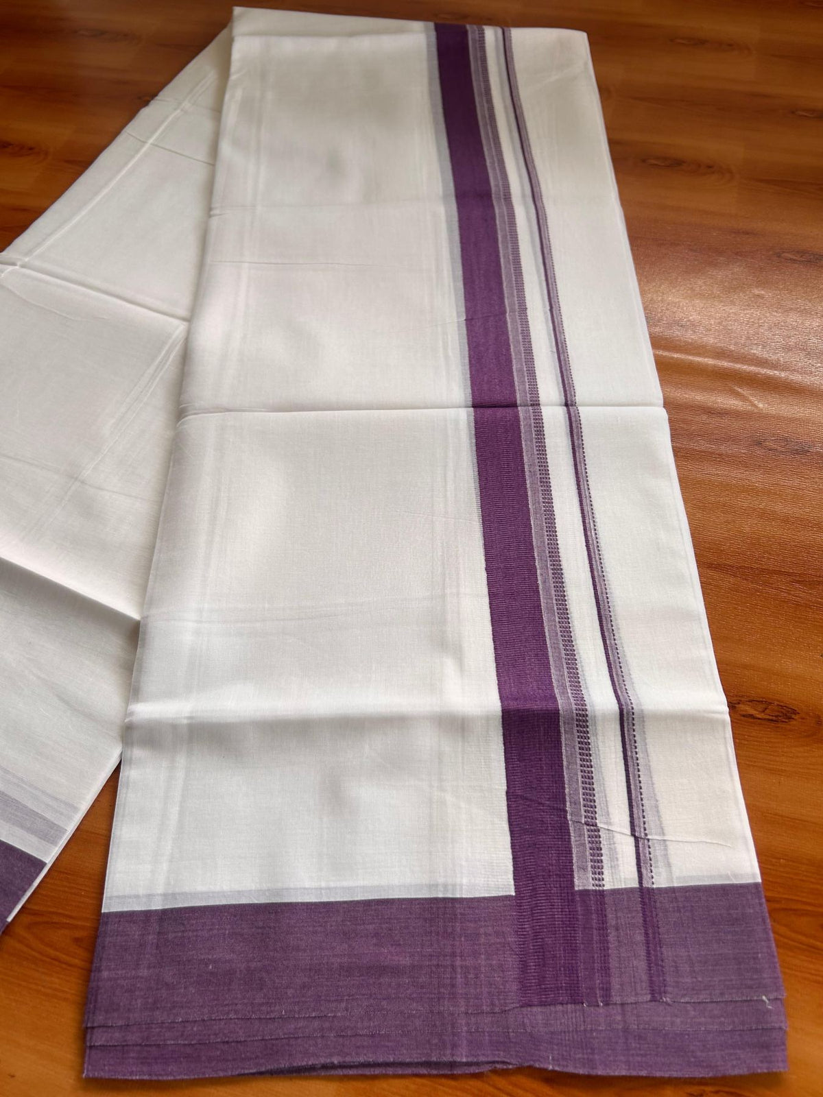 Pure White Double Mundu/Dhoti - 20% Discount ! Kaitharikada Pure Cotton - 100x80 - 1.25 inch Violet striped Kara 3.80 mtr (8 muzham) - 58 KK5523 MC