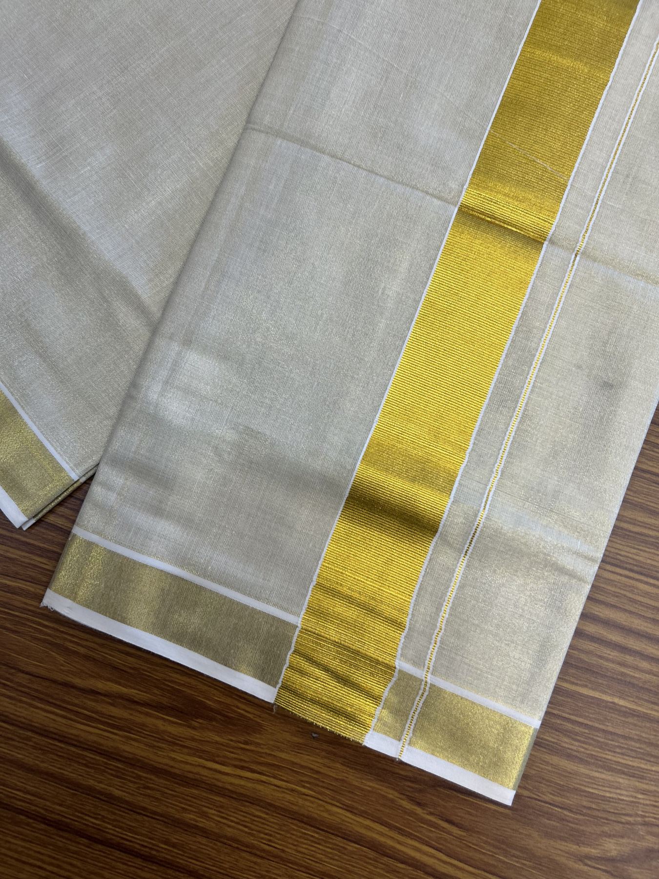 20% Discount! KaithariKada Balaramapuram 100% Cotton - Gold Kasav Tissue Double Dhoti/Mund- 80X90 - 2 inch Gold Kasav Kara 4 mtr (8.5 muzham) - 6 KK5341 VIN