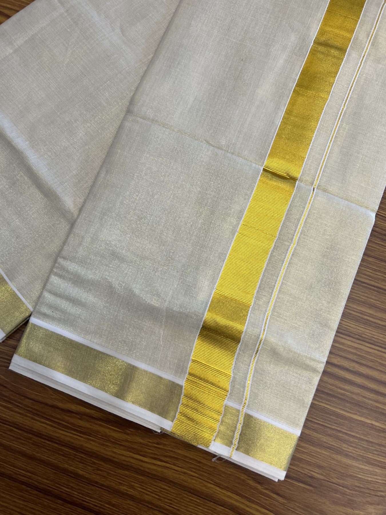20% Discount! KaithariKada Balaramapuram 100% Cotton - Gold Kasav Tissue Double Dhoti/Mund- 80X90 - 1.5 inch Gold Kasav Kara 4 mtr (8.5 muzham) - 7 KK5341 VIN
