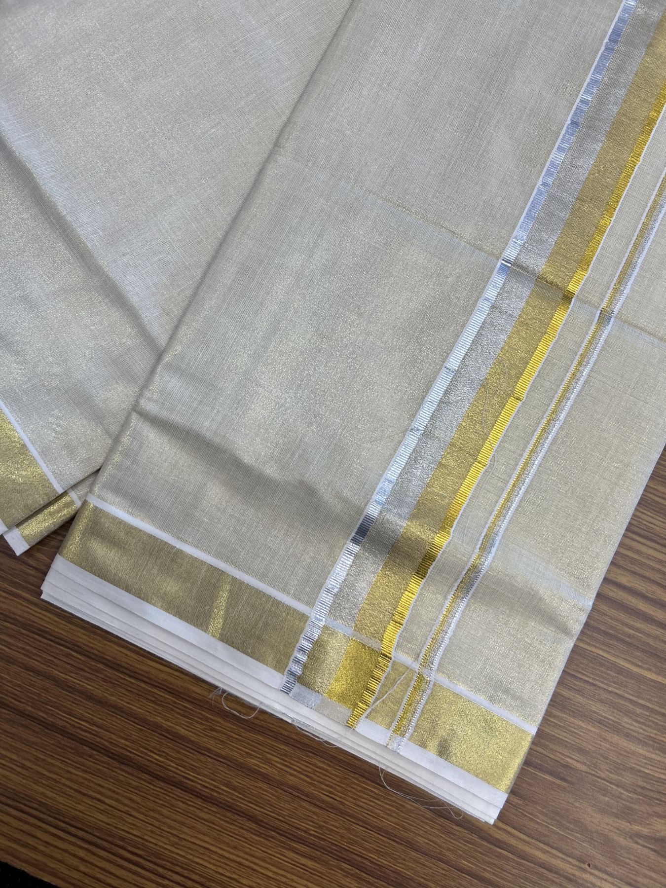 20% Discount! KaithariKada Balaramapuram 100% Cotton - Gold Kasav Tissue Double Dhoti/Mund- 80X90 - 1.75 inch Gold Kasav & Silver kasav Shaded Kara 4 mtr (8.5 muzham) - 3 KK5341 VIN