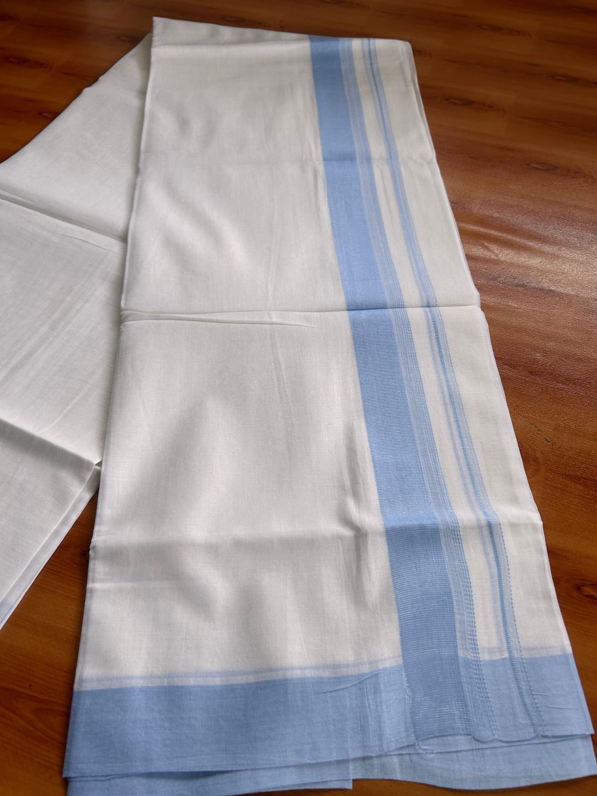 Pure White Double Mundu/Dhoti - 20% Discount ! Kaitharikada Pure Cotton - 100x80 - 1.25 inch Sky Blue striped Kara 3.80 mtr (8 muzham) - 54 KK5523 MC