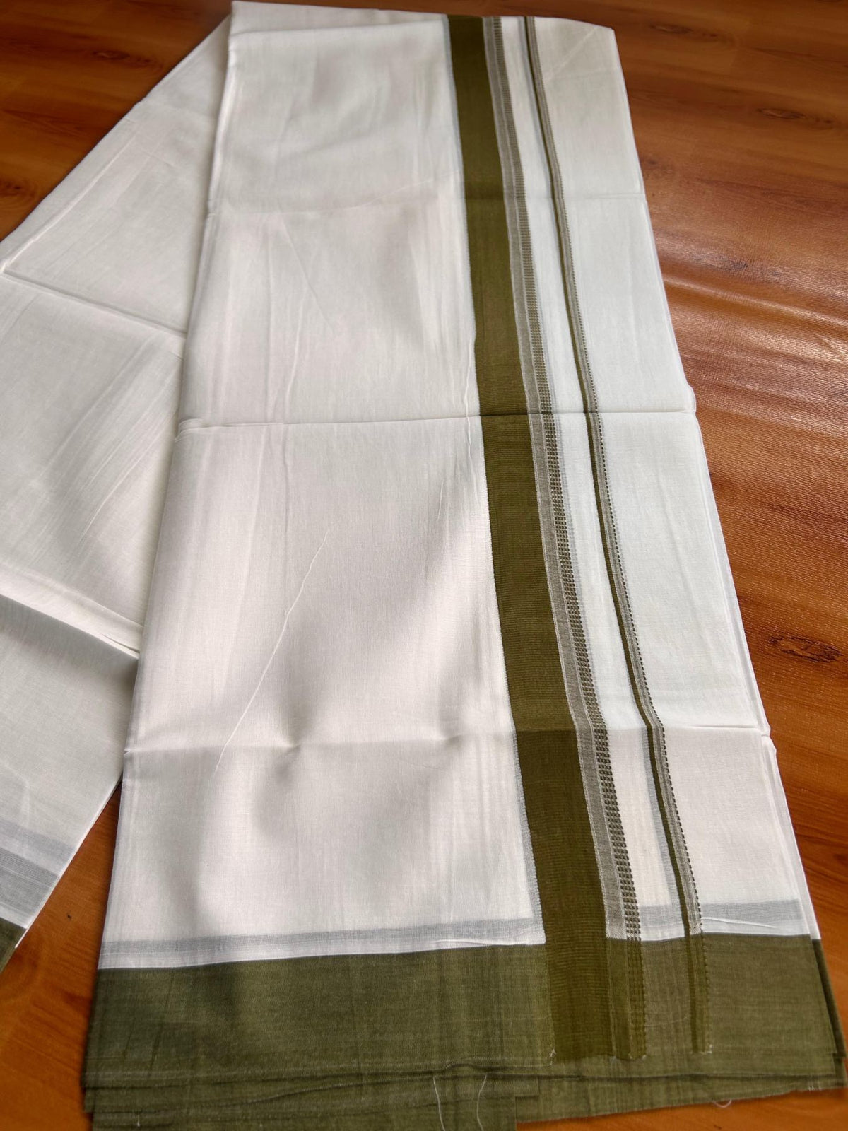 Pure White Double Mundu/Dhoti - 20% Discount ! Kaitharikada Pure Cotton - 100x80 - 1.25 inch Dark Olive Green striped Kara 3.80 mtr (8 muzham) - 52 KK5523 MC