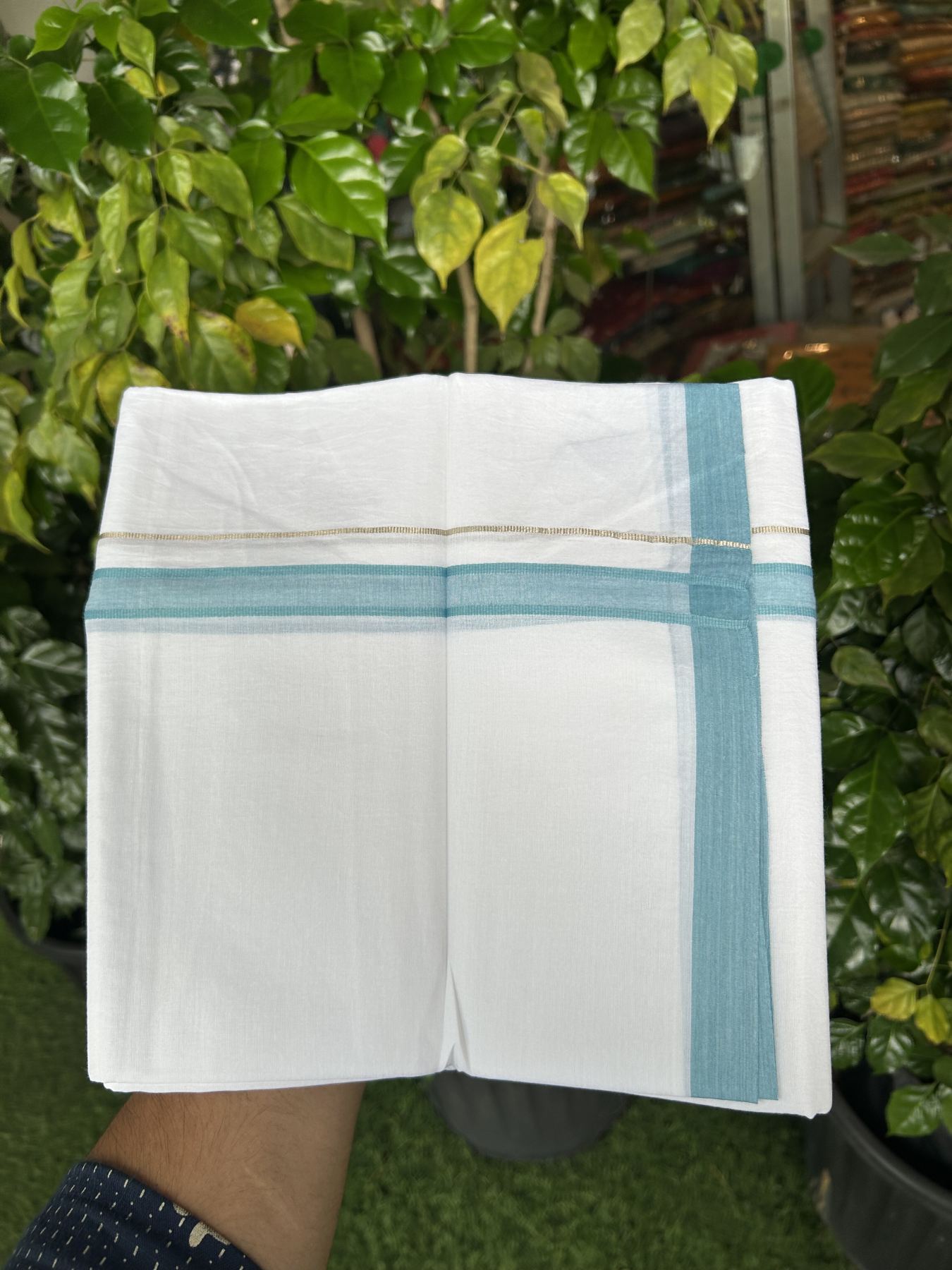 20% Discount! KaithariKada Balaramapuram 100% Cotton Double Pure white Mundu/Dhoti- 100X80 - 0.75 inch Silver Kasav & Blue kara - 4 mtr ( 8.5 muzham) - 21 KK5341 VIN