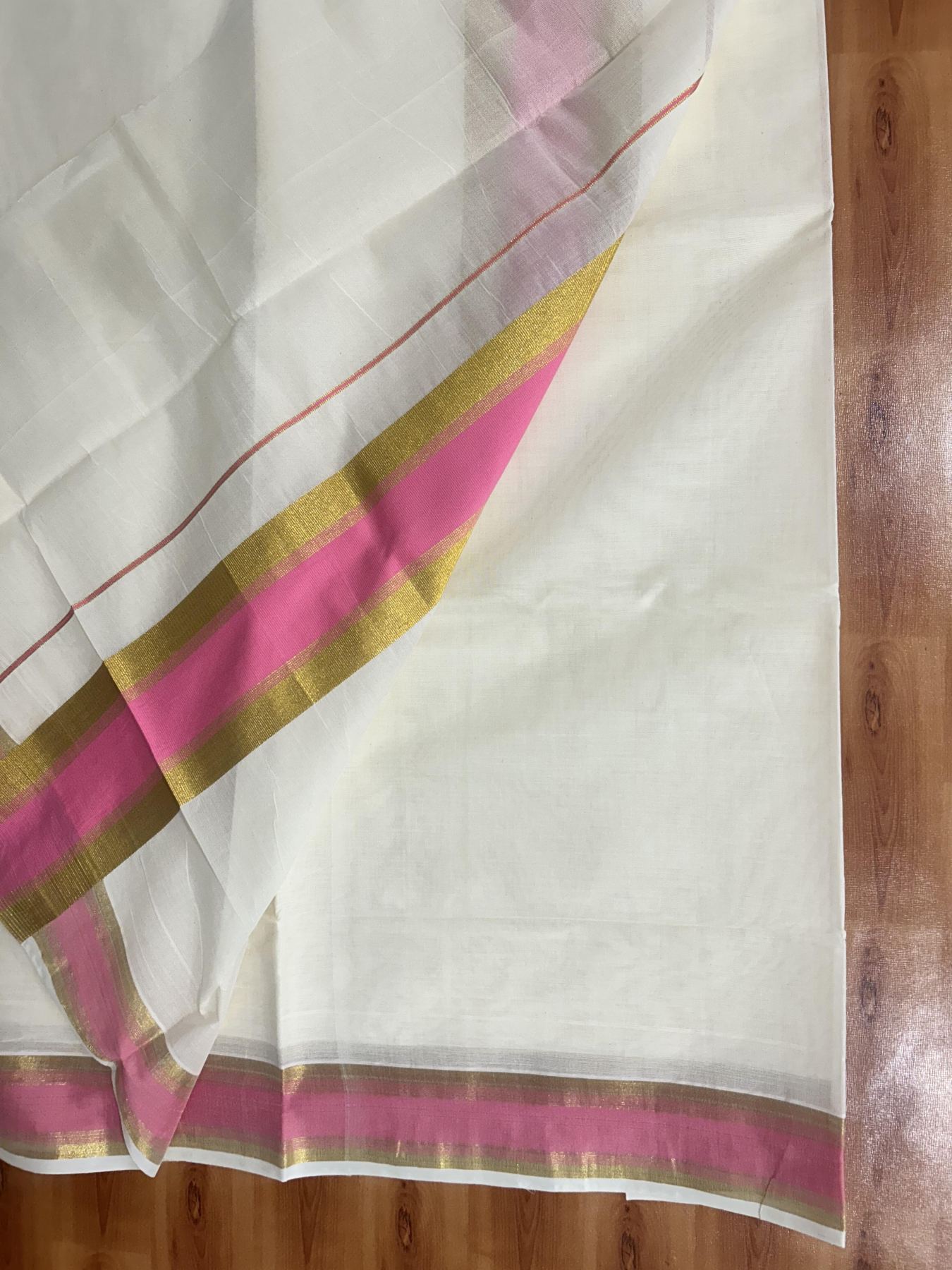 Off White Saree - 25% Discount! Kaitharikada Kerala Traditional Mixed Cotton Kasavu Saree - 3 Inch Pallu - Gold Kasav & Pink Stripes Kara - 24 KK7000 PMC