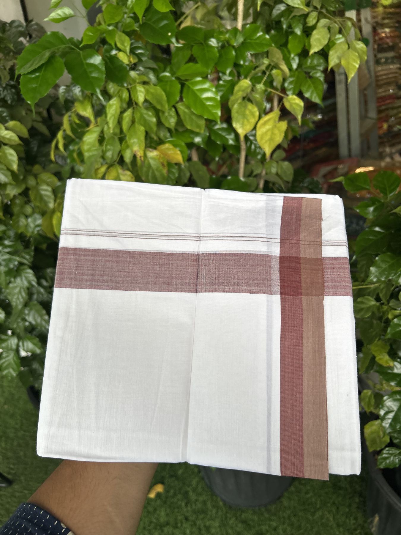 20% Discount! KaithariKada Balaramapuram 100% Cotton Double Pure white Mundu/Dhoti- 100X80 - 1.5 inch Maroon & Brown Striped kara - 4 mtr ( 8.5 muzham) - 14 KK5341 VIN