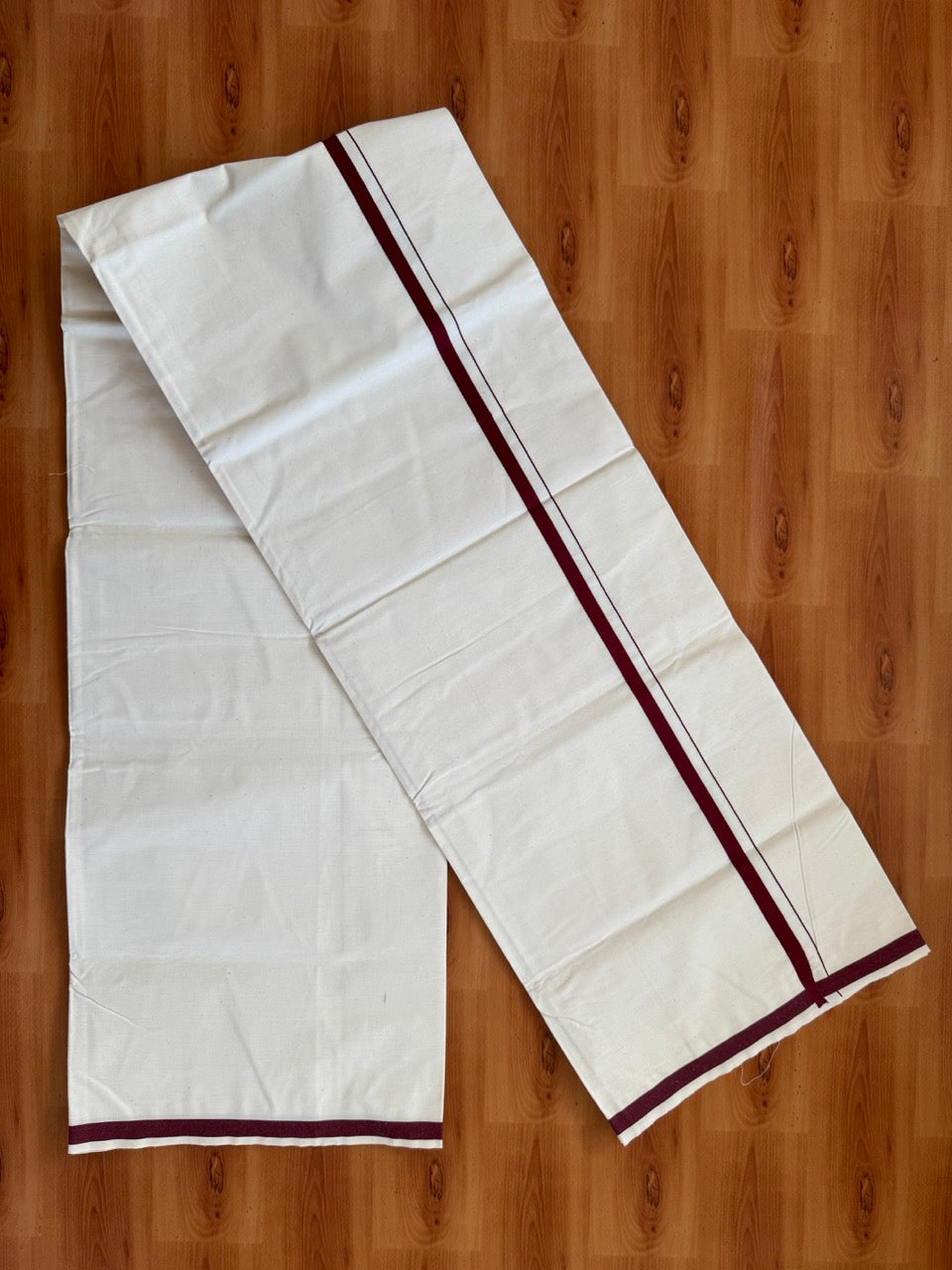 Single Off white 100% Pure Cotton Mundu/Dhoti (Unbleached) - KaithariKada (40s) - 1 cm Maroon Kara (2 meter / 4 muzham) - 3 KK5472 MC