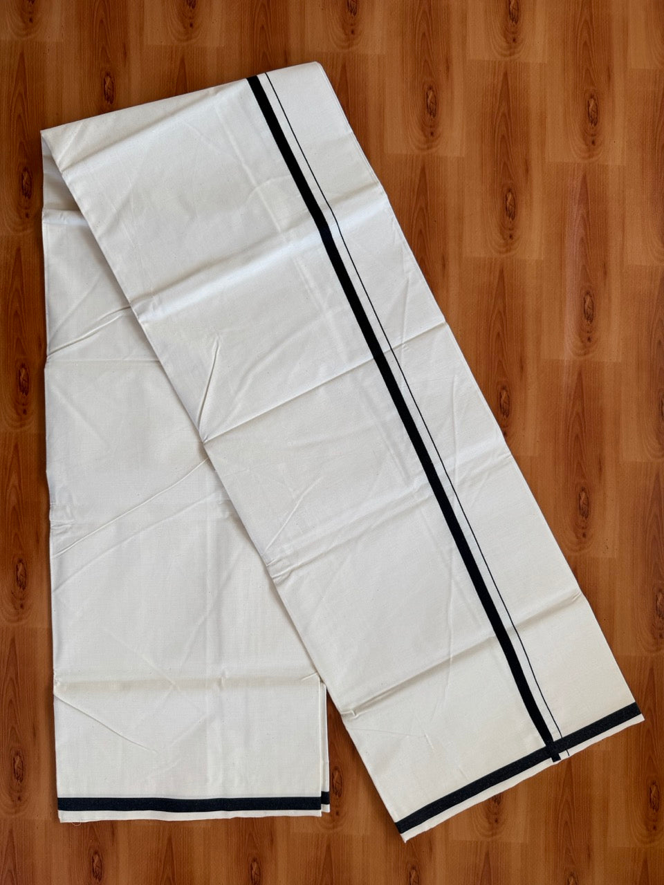 Single Off white 100% Pure Cotton Mundu/Dhoti (Unbleached) - KaithariKada (40s) - 1 cm Black Kara (2 meter / 4 muzham) - 5 KK5472 MC
