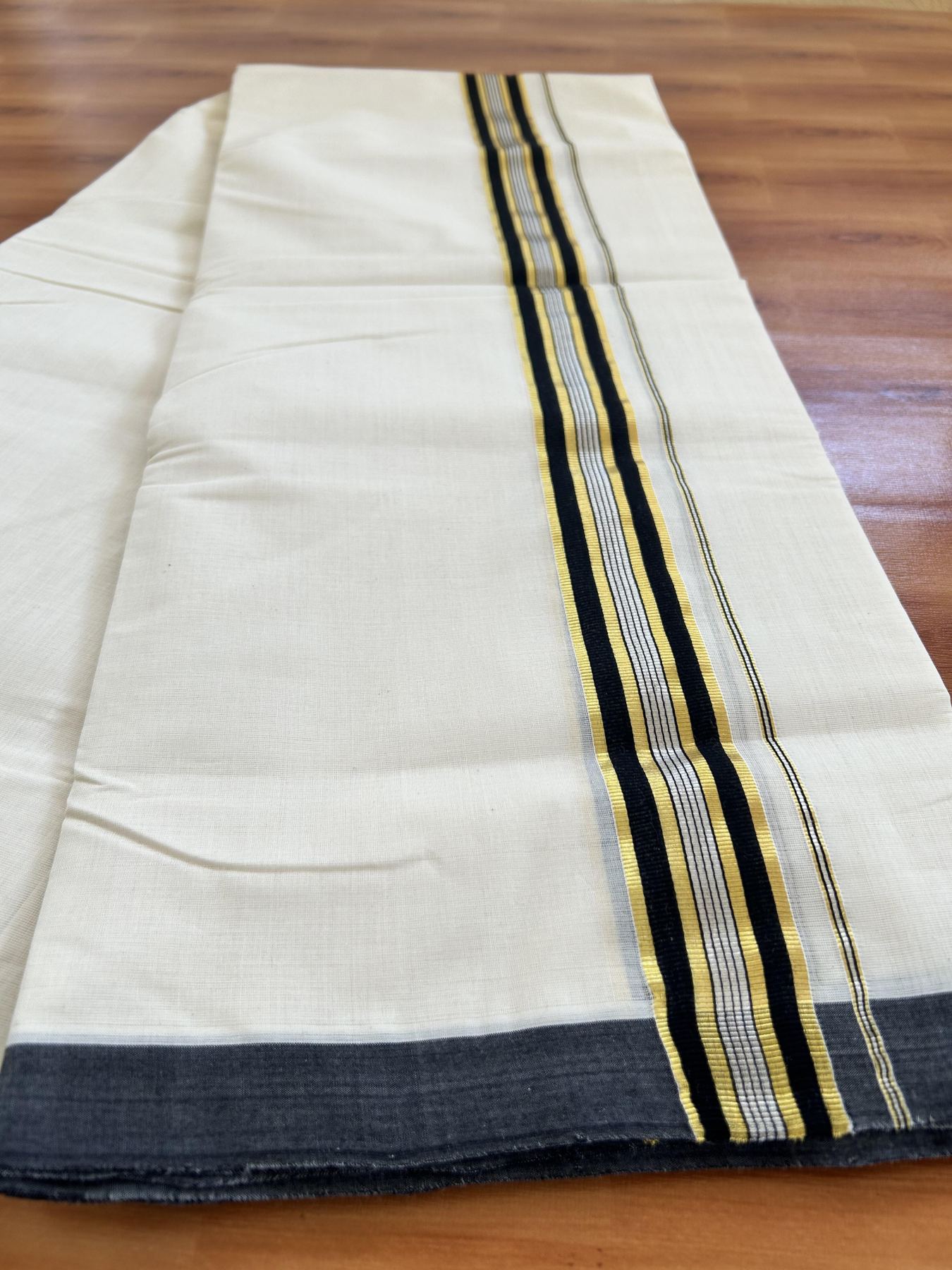 Double Off White - (Unbleached) Mundu/Dhoti - 25% Discount! KaithariKada Handloom Millpaav Kerala Handloom - Pure Cotton - (80X90) - 1.5 inch Gold & Silver Kasav Black Striped Kara 4 mtr (8.5 Muzham) - 13 KK5403 RAM