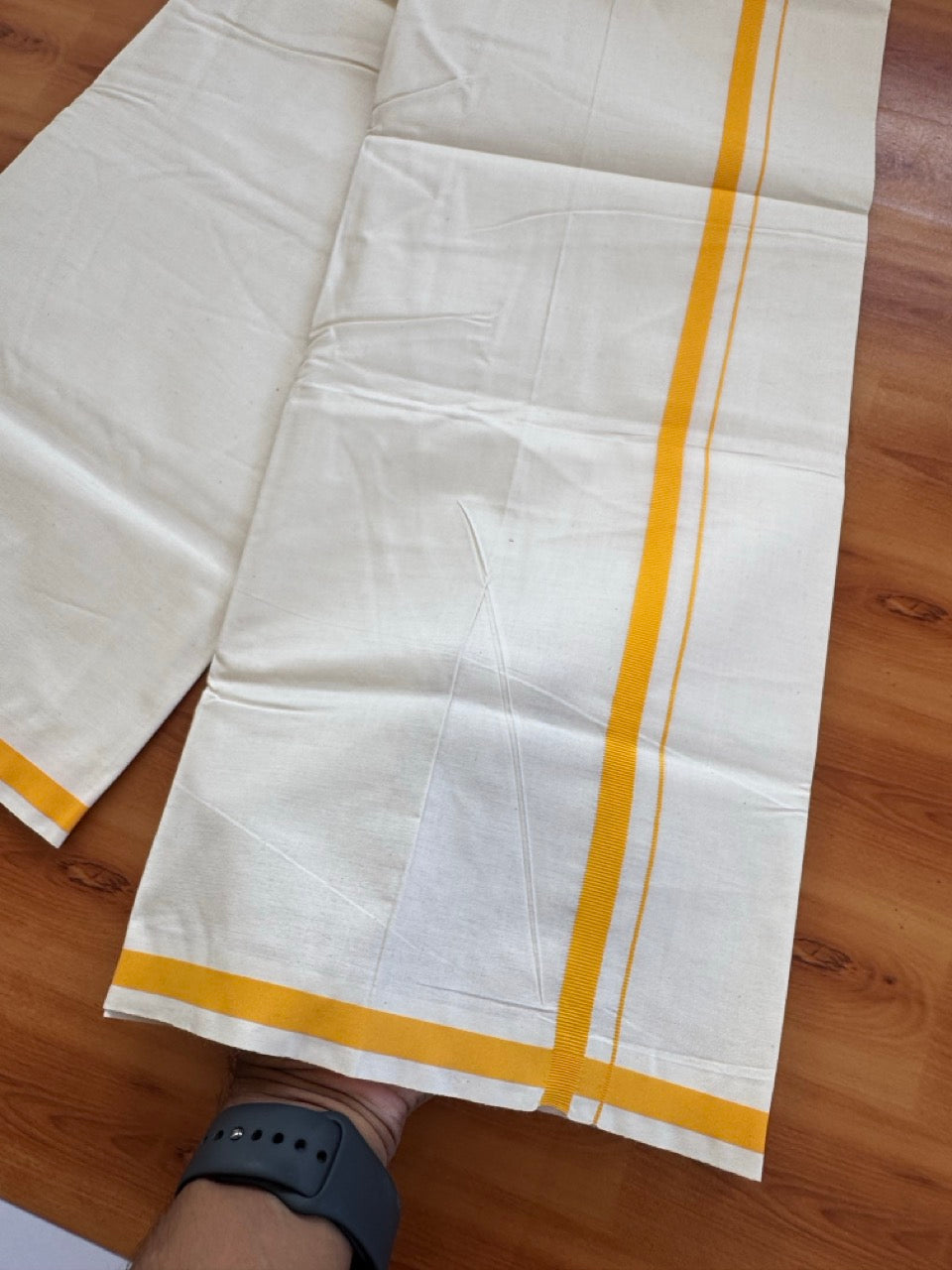 Single Off white 100% Pure Cotton Mundu/Dhoti (Unbleached) - KaithariKada (40s) - 1 cm Yellow Orange Kara (2 meter / 4 muzham) - 6 KK5472 MC