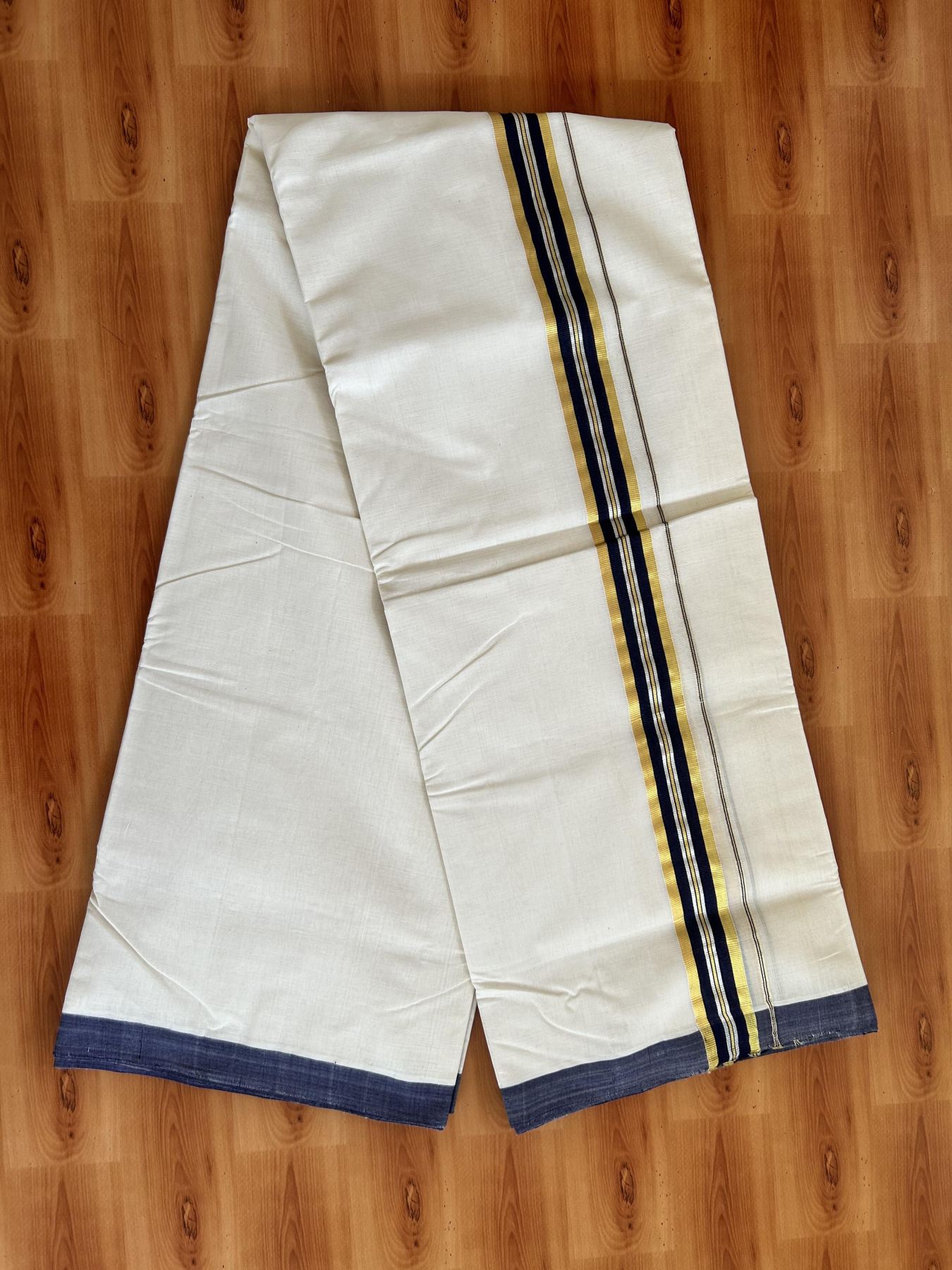 Double Off White - (Unbleached) Mundu/Dhoti - 25% Discount! KaithariKada Handloom Millpaav Kerala Handloom - Pure Cotton - (80X90) - 1.5 inch Gold & Silver Kasav Navy Blue Striped Kara 4 mtr (8.5 Muzham) - 8 KK5403 RAM
