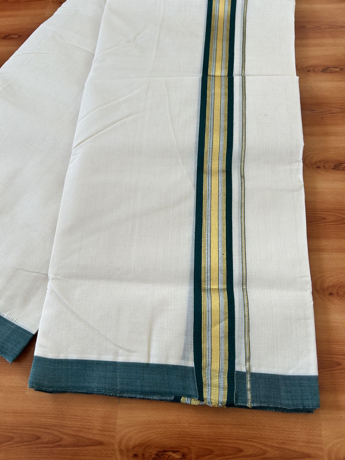 Double Off White - (Unbleached) Mundu/Dhoti - 25% Discount! KaithariKada Handloom Millpaav Kerala Handloom - Pure Cotton - (80X90) - 1.5 inch Gold & Silver Kasav Green Striped Kara 4 mtr (8.5 Muzham) - 9 KK5403 RAM