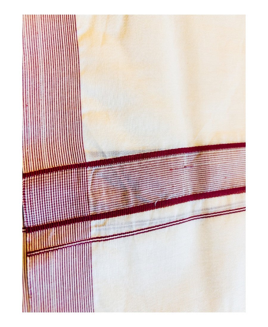 22% Discount! KaithariKada Balaramapuram 100% Cotton Double Off white - (Unbleached) Mundu/Dhoti-100x100 Maroon 1inch Stripes Kara.