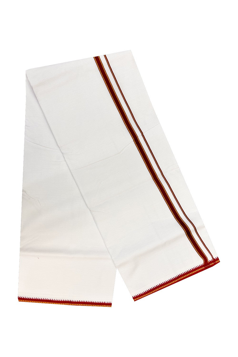 KaithariKada 100% Cotton Ultra WHITE SINGLE Mundu/Dhoti-40s Thread 1inch KUPPADAM model Brown Kara (2 metre / 4 muzham) -106