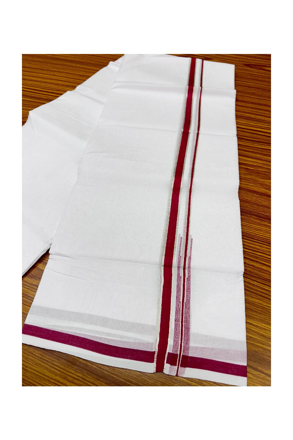NEW!! 15% Discount !! KaithariKada Balaramapuram 100% Cotton PURE WHITE Double Mundu/Dhoti-100x92 1.5cm Puliyilakkara Chutty Silver Kasavu & Magenta Kara- 19