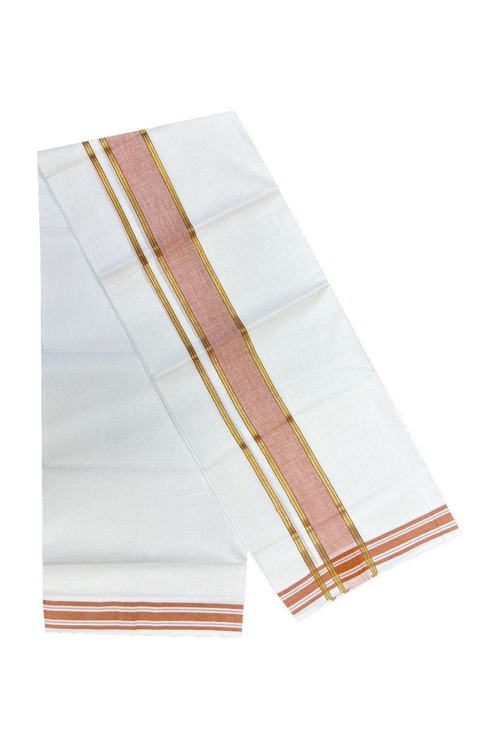 10% Discount! KaithariKada HANDLOOM Kuthampully 100% Cotton PURE WHITE Double Mundu/Dhoti-100x100 2.75inch Kasavu & Brown Kara-43