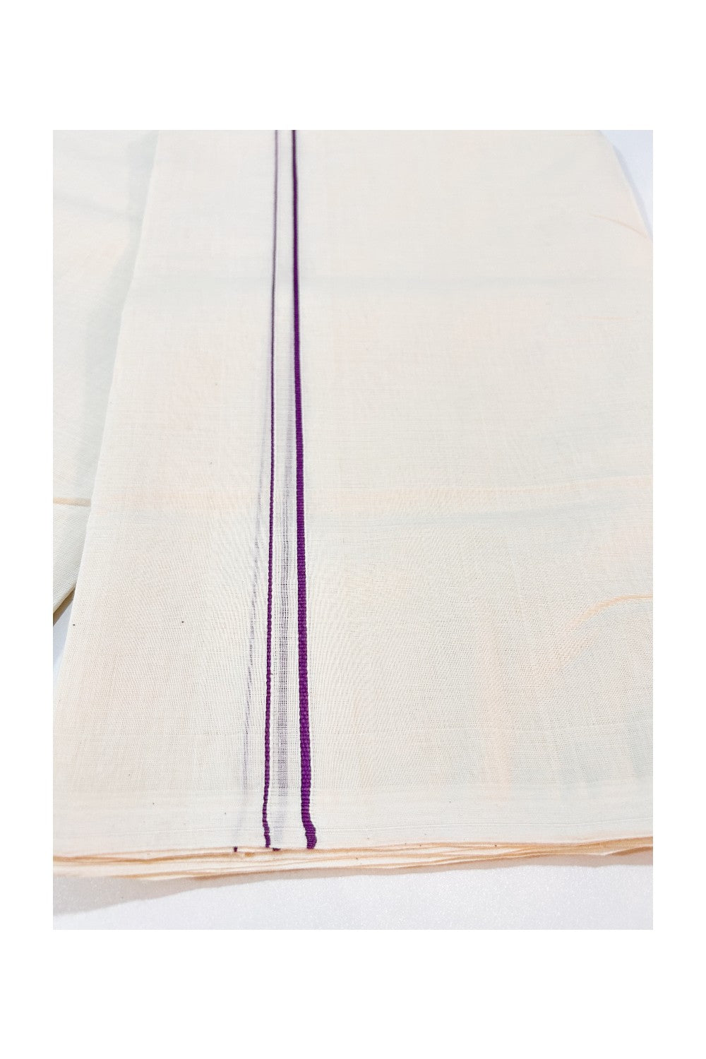 30% DISCOUNT! KaithariKada HANDLOOM Millpaav Balaramapuram - 100% PURE Cotton Off White Double (Unbleached) Mundu/Dhoti - 1cm Violet Erkkilkara - 85